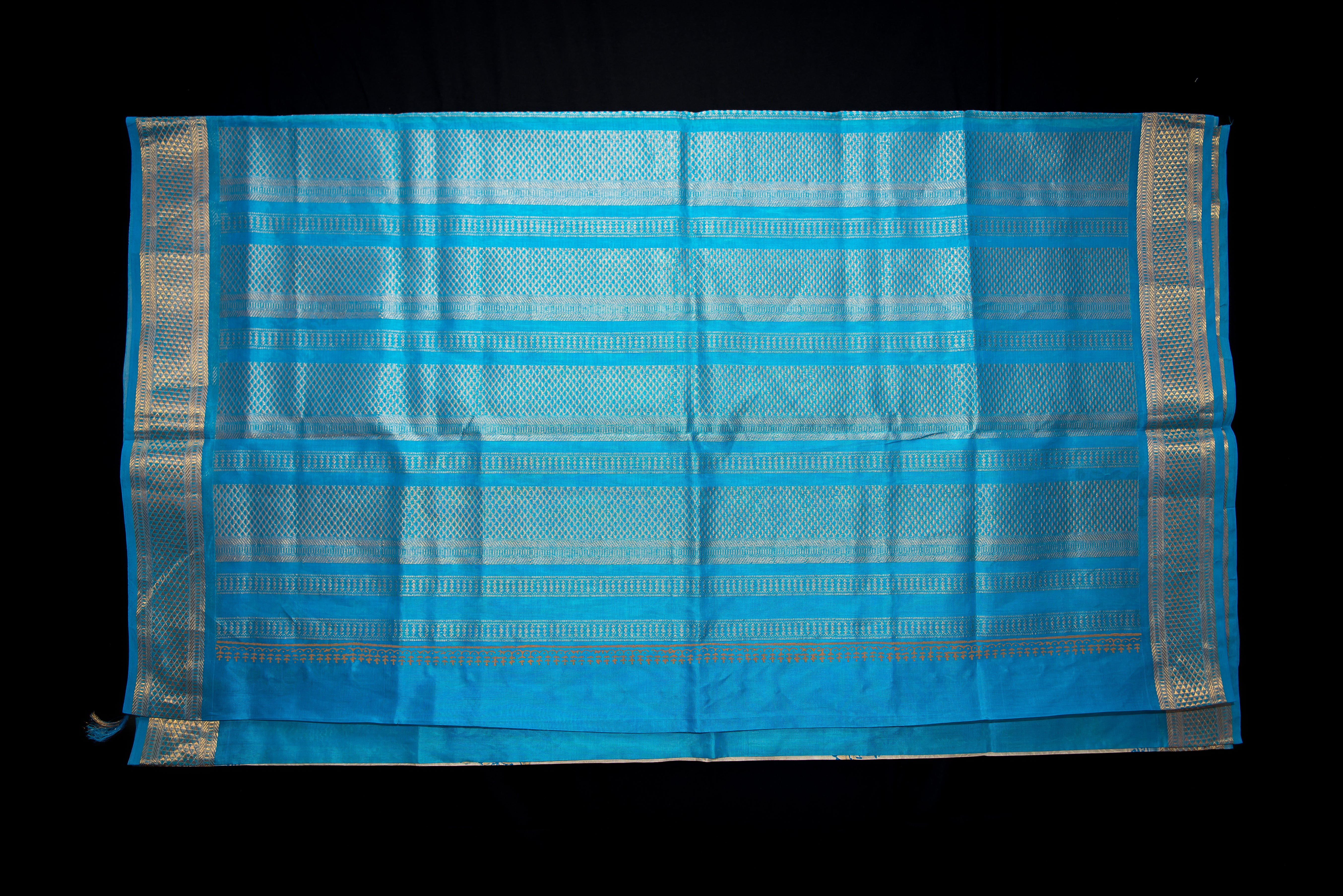 Elegant Cream and Aqua Blue Blockprint Handwoven Silk Cotton Saree