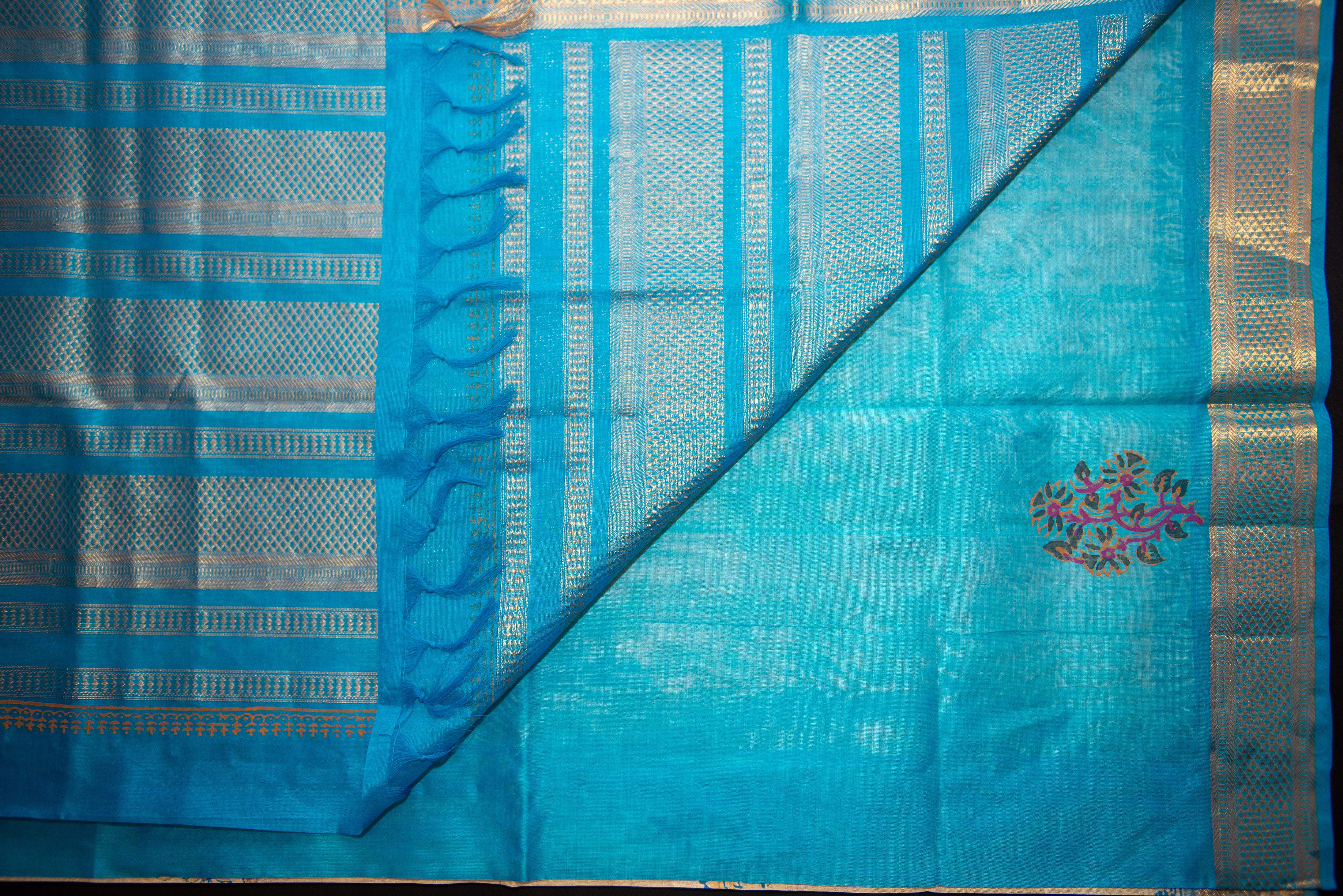 Elegant Cream and Aqua Blue Blockprint Handwoven Silk Cotton Saree