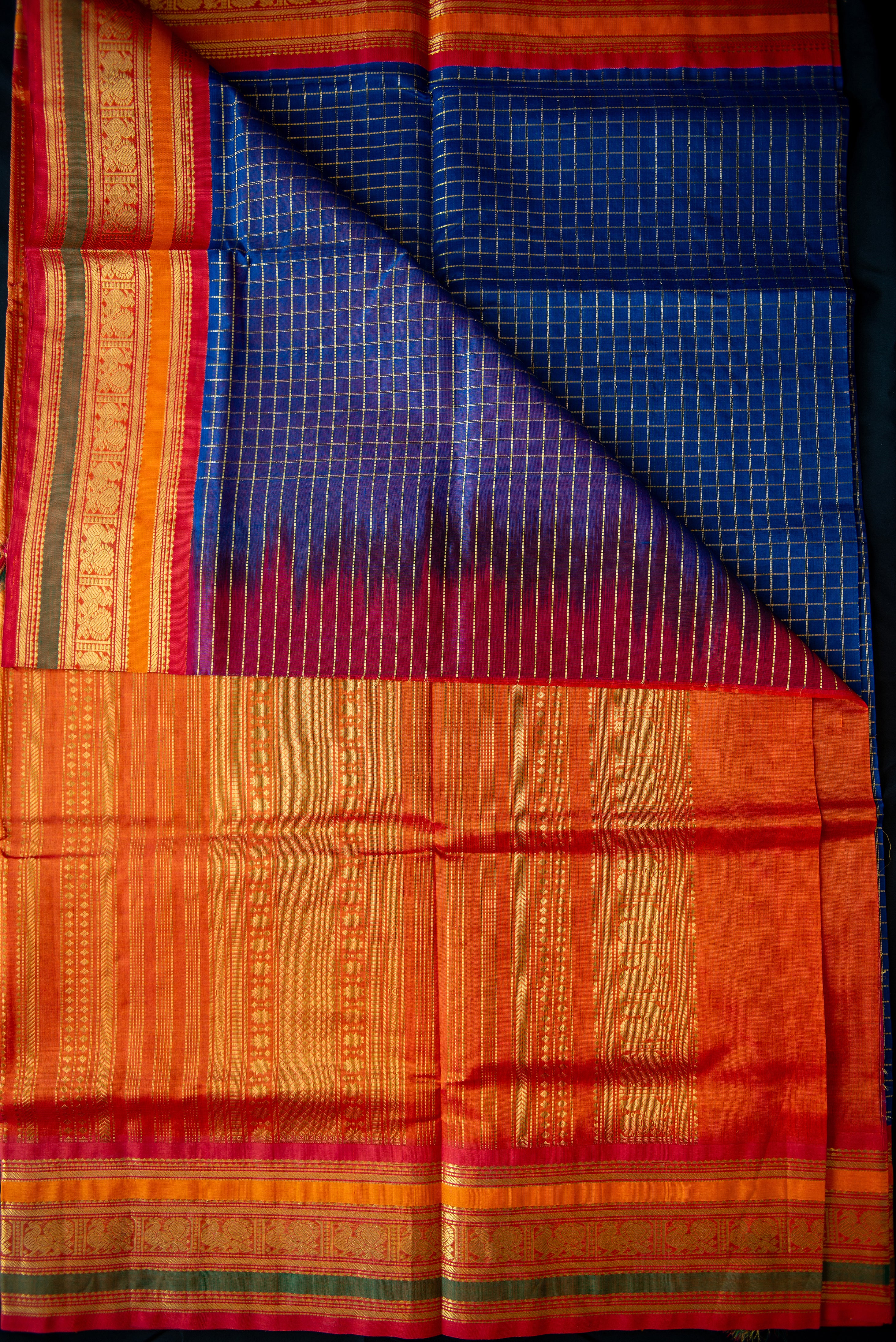 Handwoven Royal Blue Checkered Silk Cotton Saree