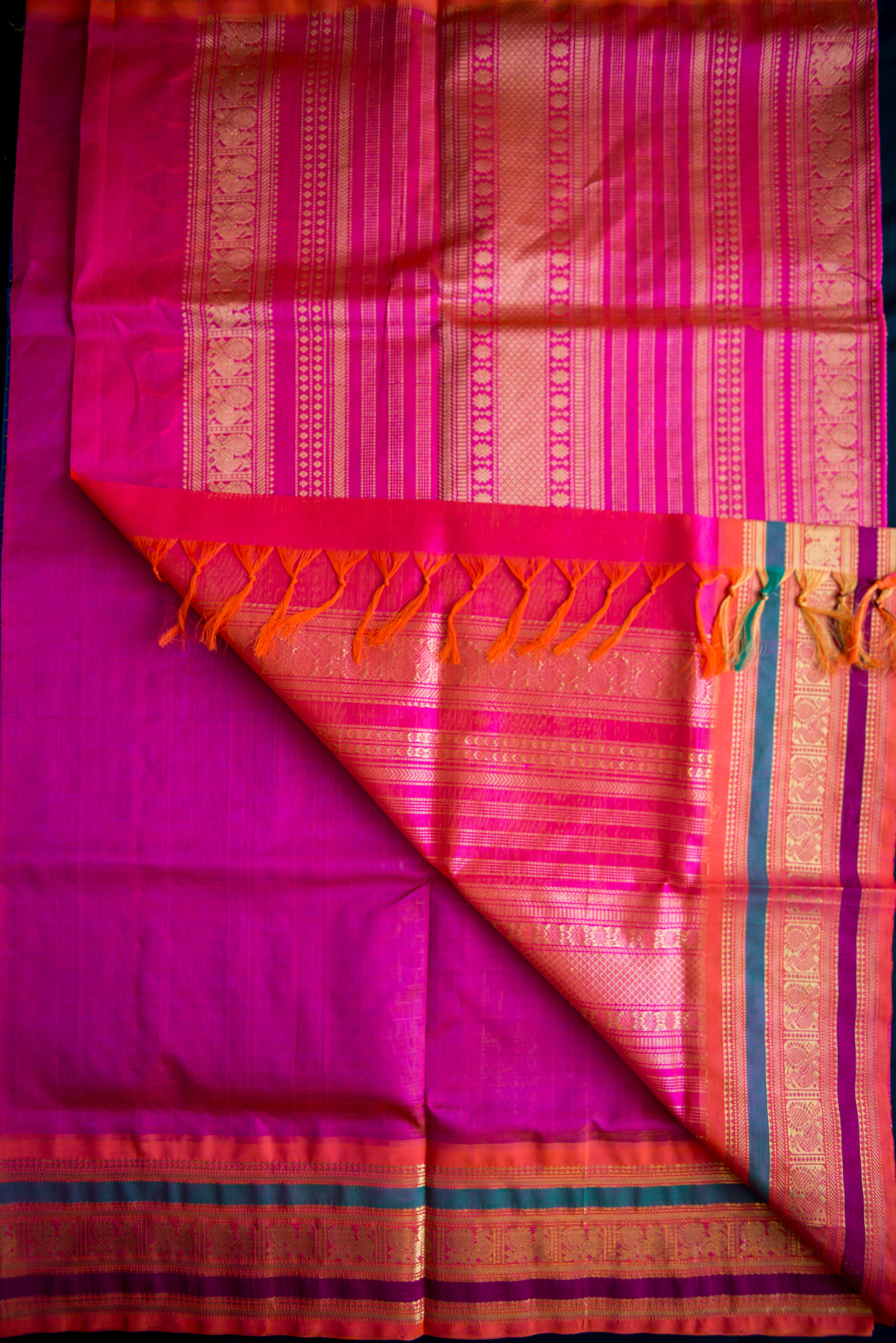 Peacock Blue Handwoven Silk Cotton Saree with Pink Pallu