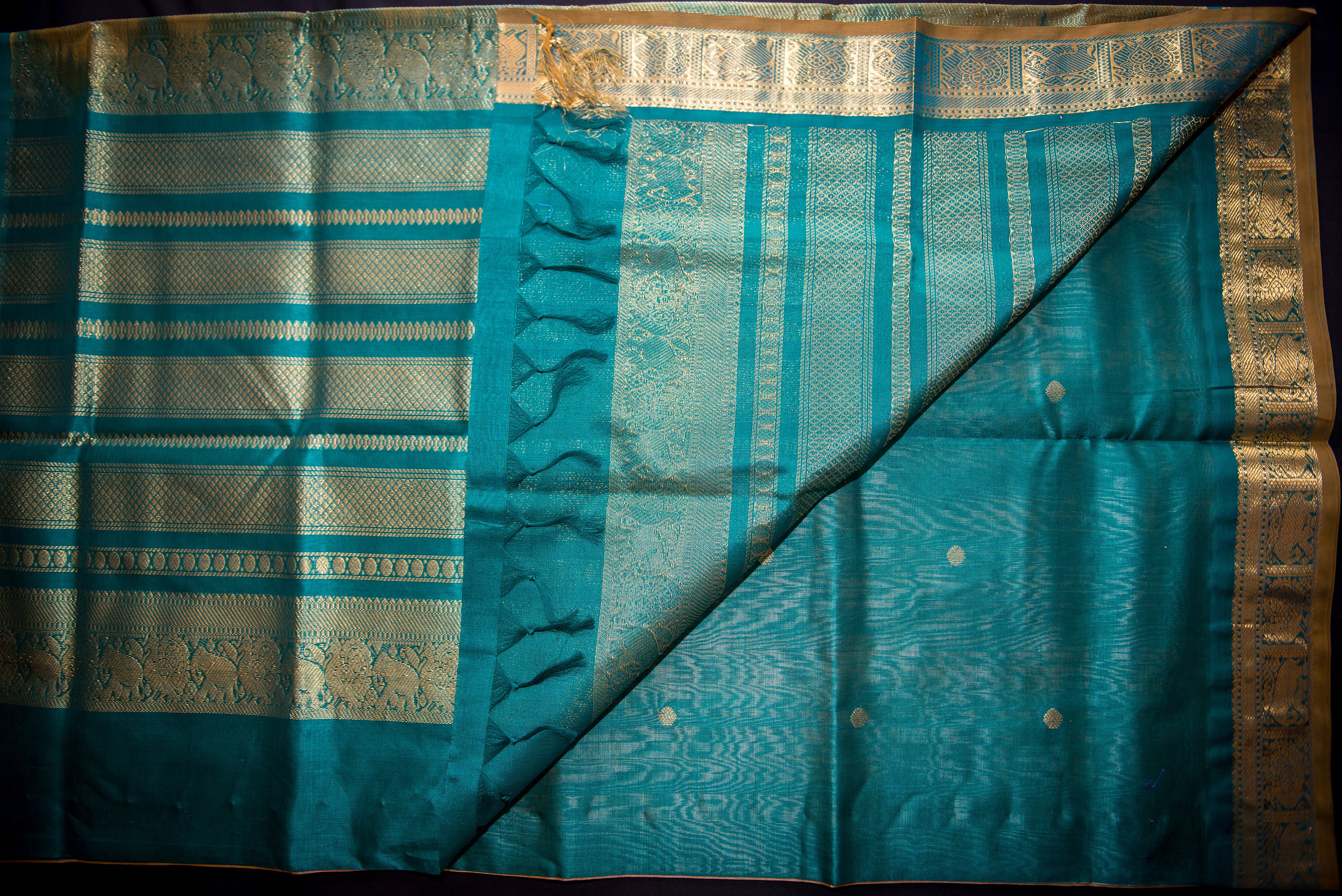 Elegant Golden-Beige and Green Silk Cotton Saree