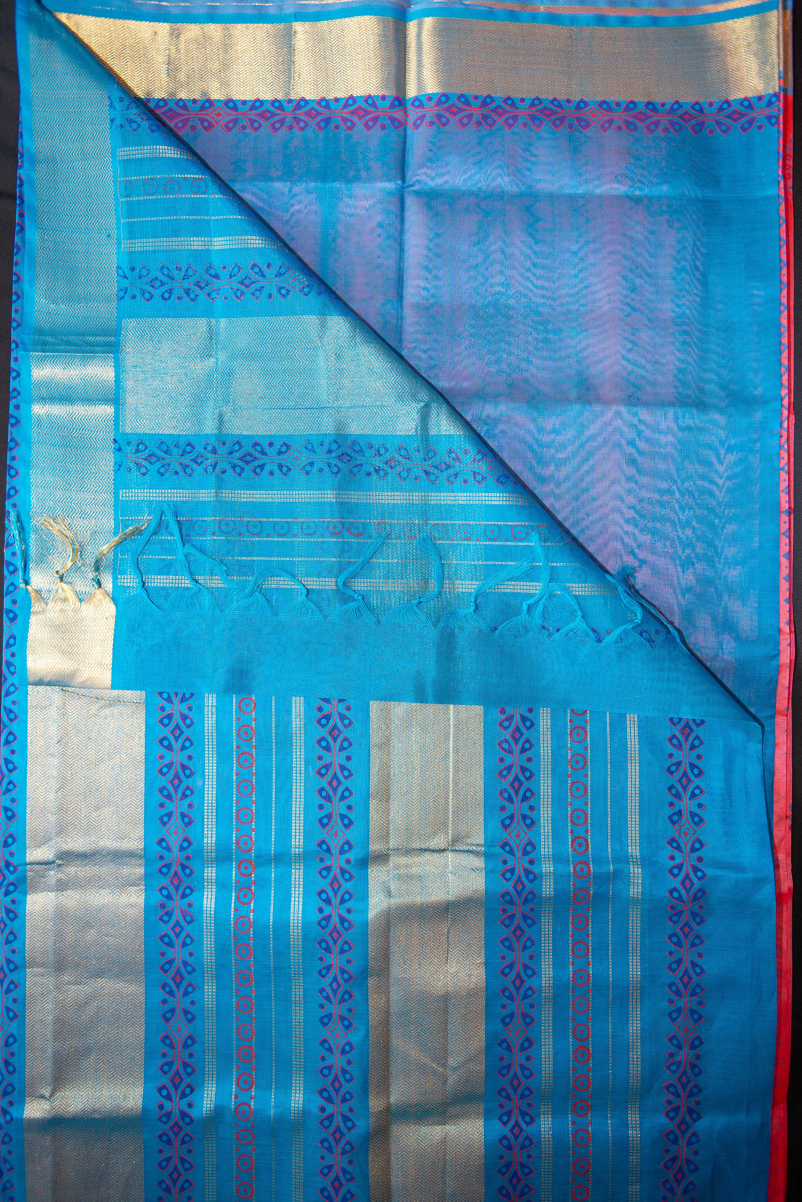 Pink-Red Silk Cotton Blockprint Saree with a Bright Blue Pallu