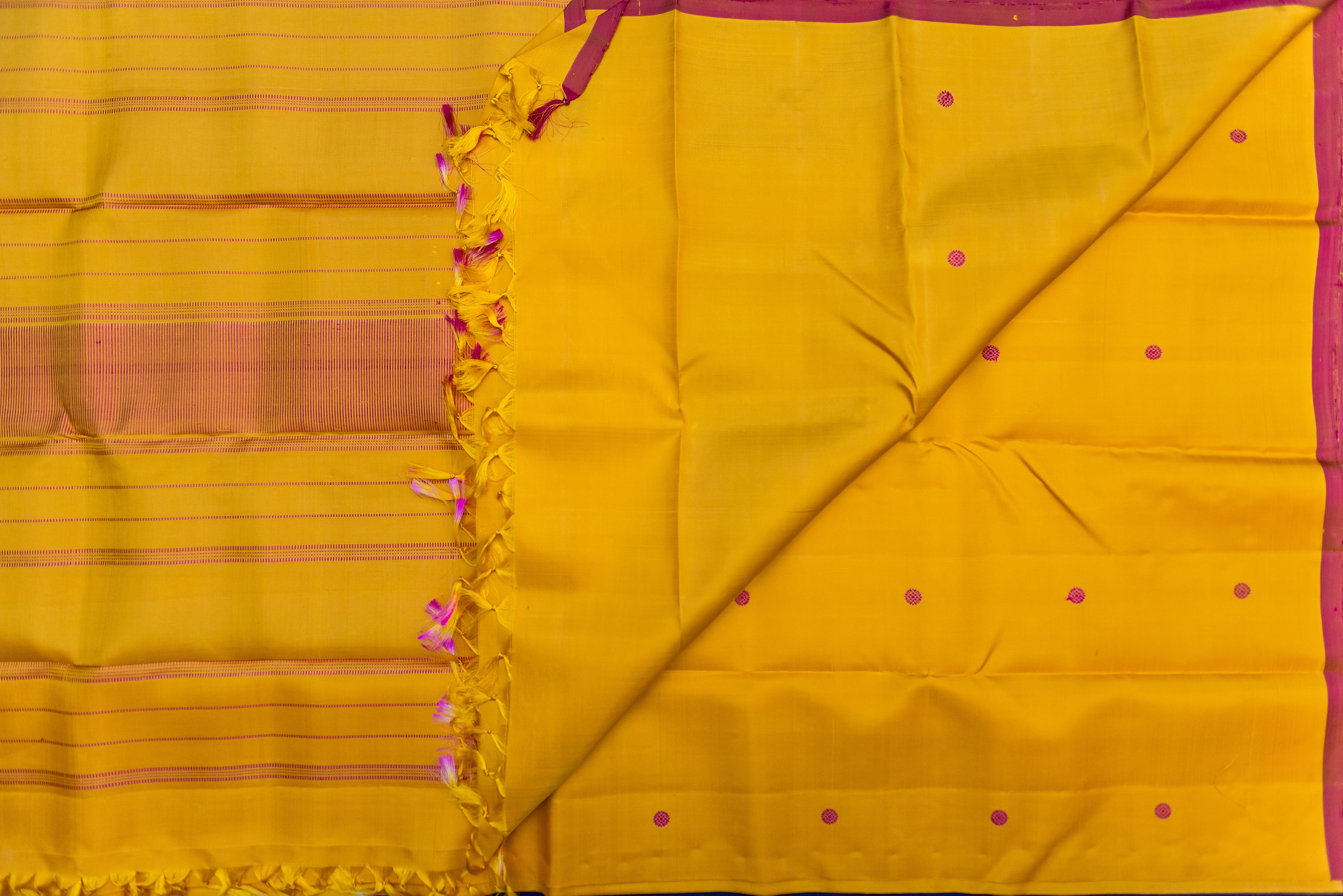 Sunny Yellow Pure Threadwork Silk Saree with Fuchsia buttas