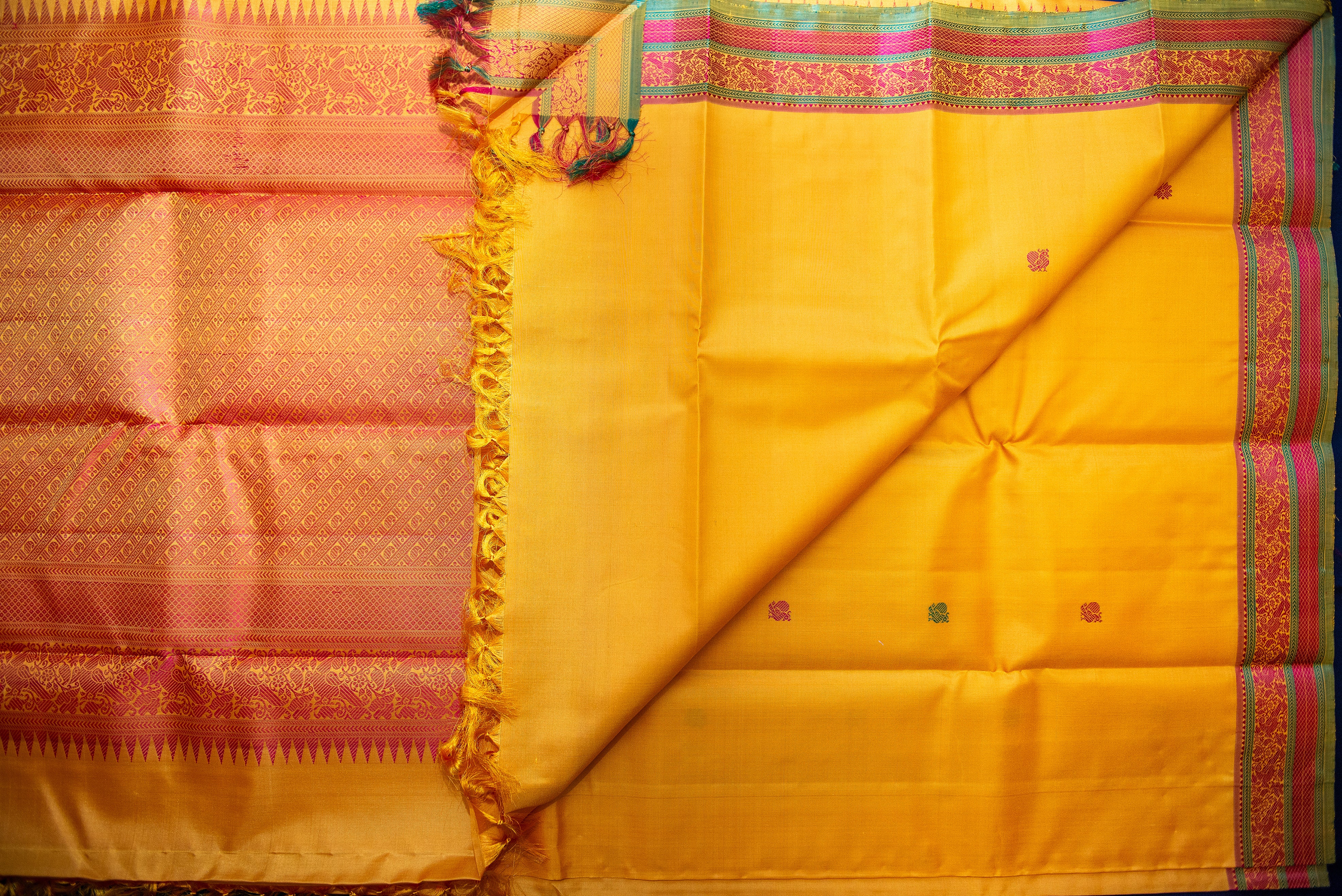 Auspicious Golden-Yellow Threadwork Pure Silk Saree