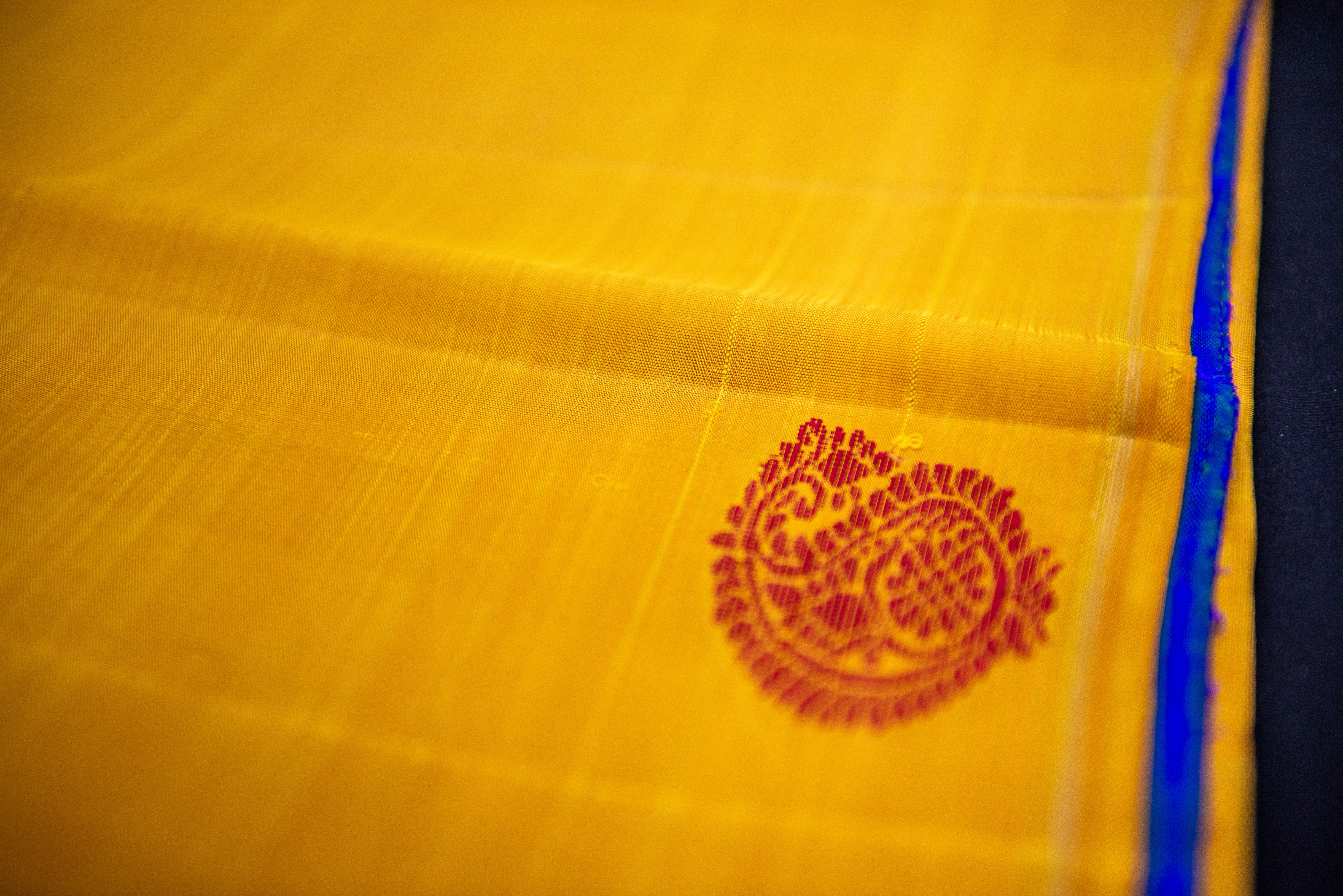 Radiant Golden-Yellow Pure Siilk Saree with Royal Blue Pallu