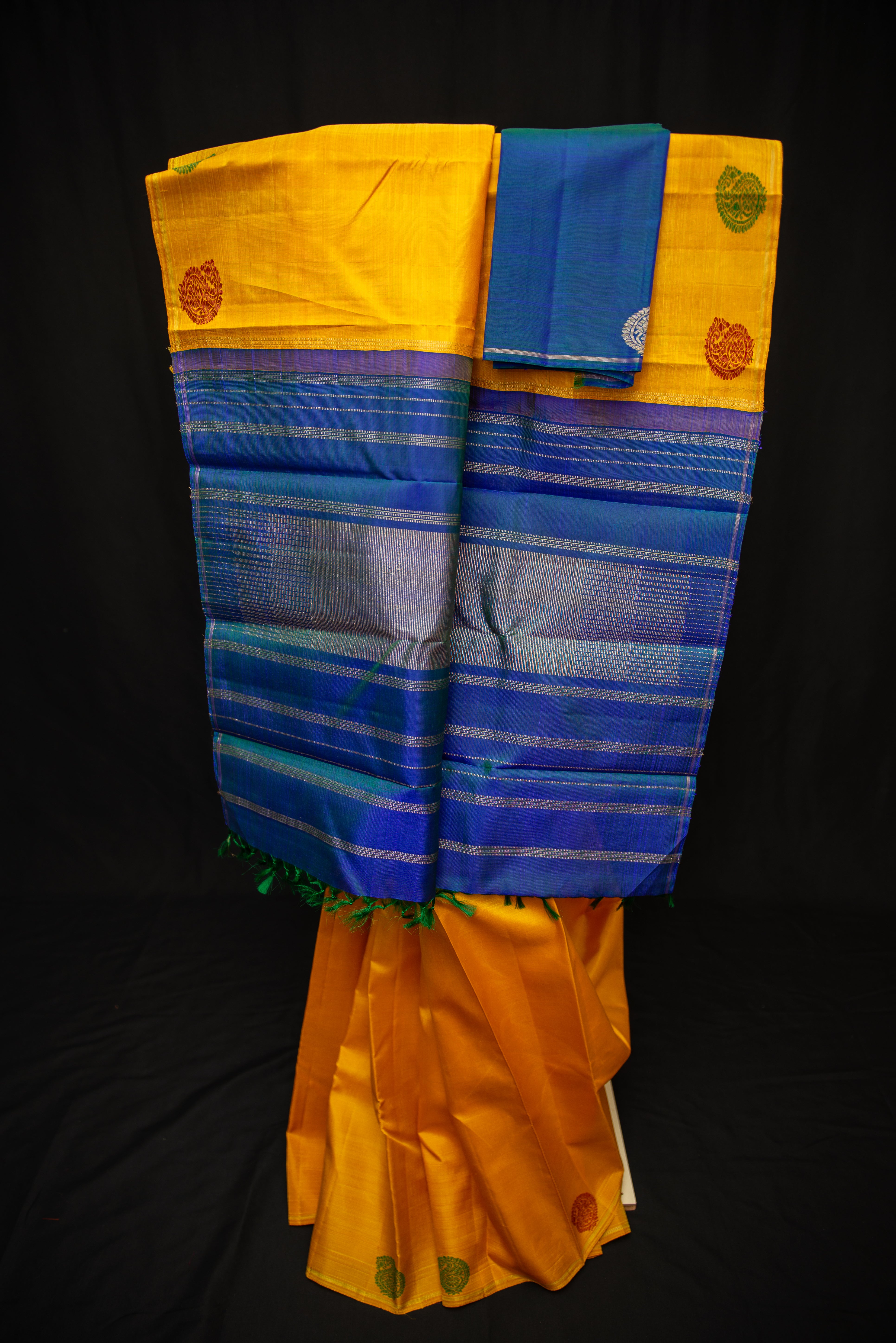 Radiant Golden-Yellow Pure Siilk Saree with Royal Blue Pallu