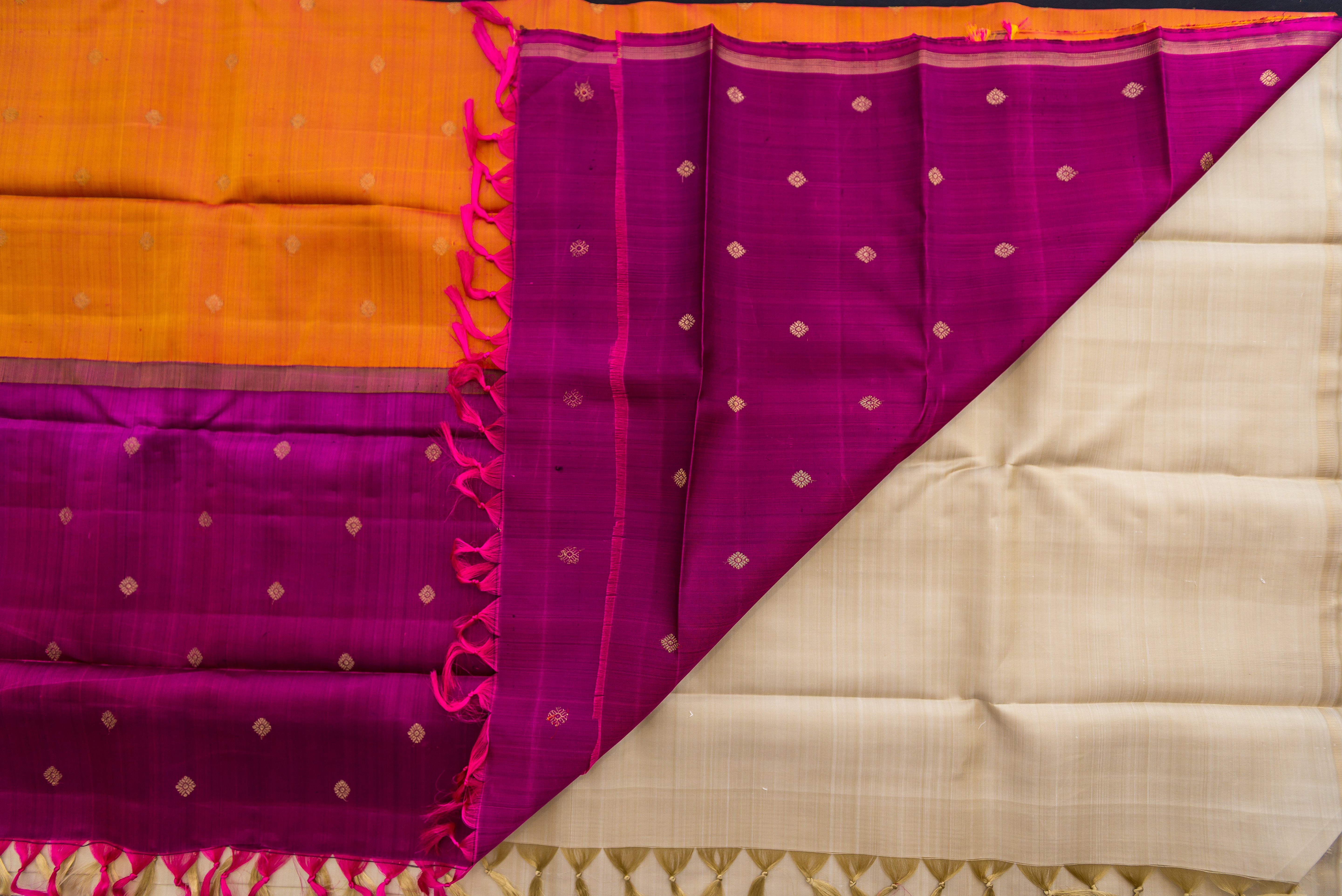 Radiant Cream Pure Silk Saree with Double Orange-Purple Pallu
