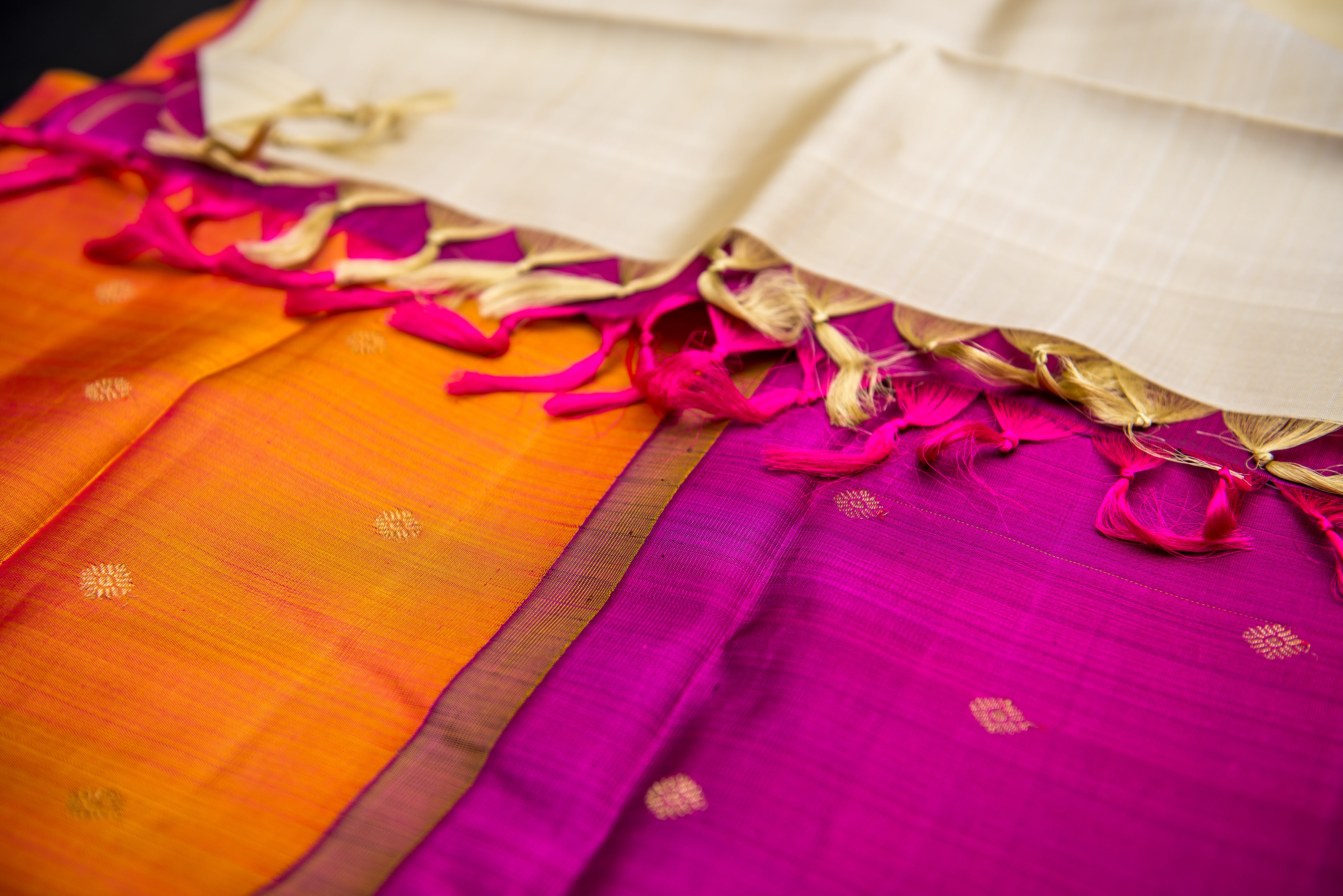 Radiant Cream Pure Silk Saree with Double Orange-Purple Pallu