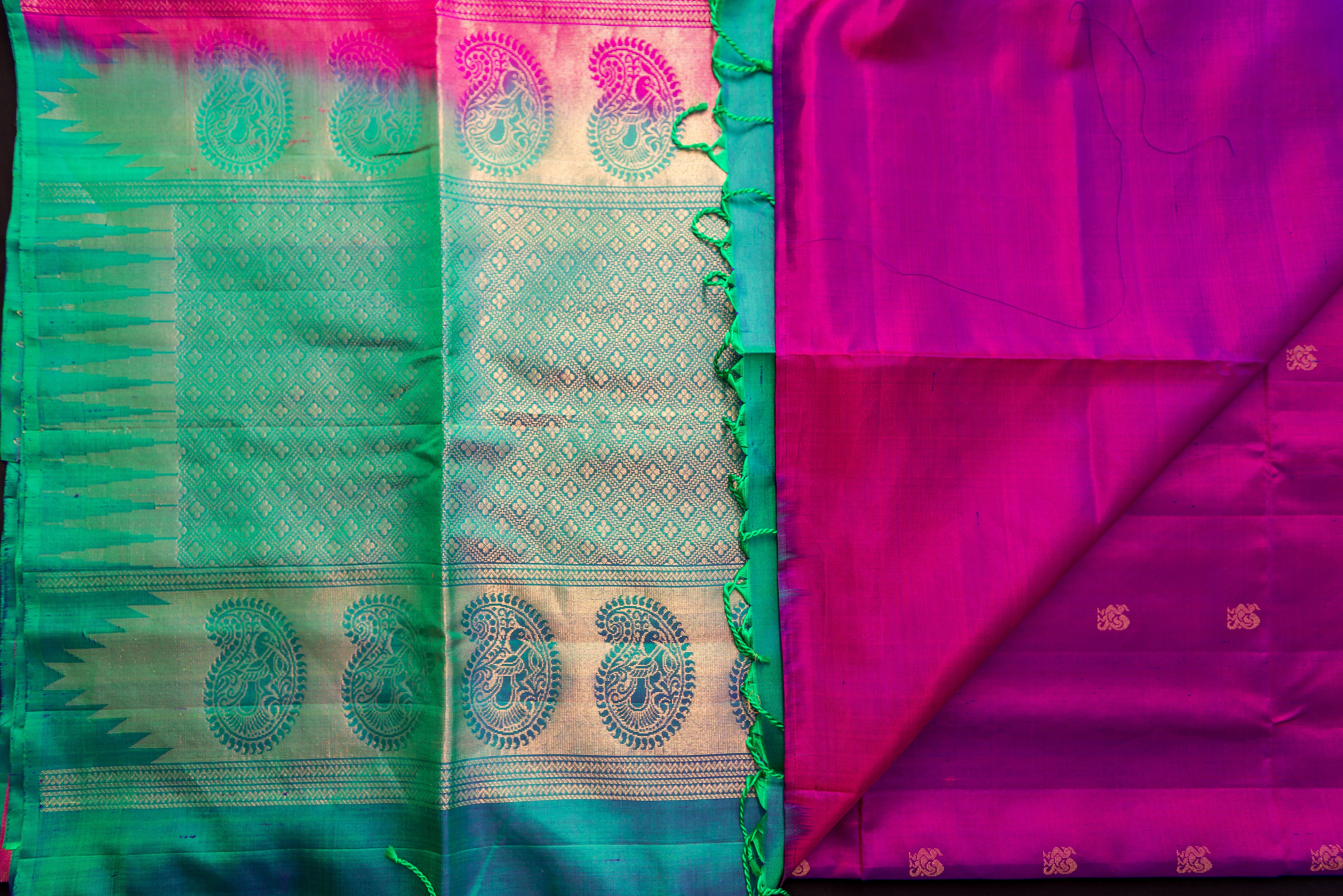 Dual-Tone Pink-Purple Soft Silk Saree with a Brocade Green Blue-Pallu