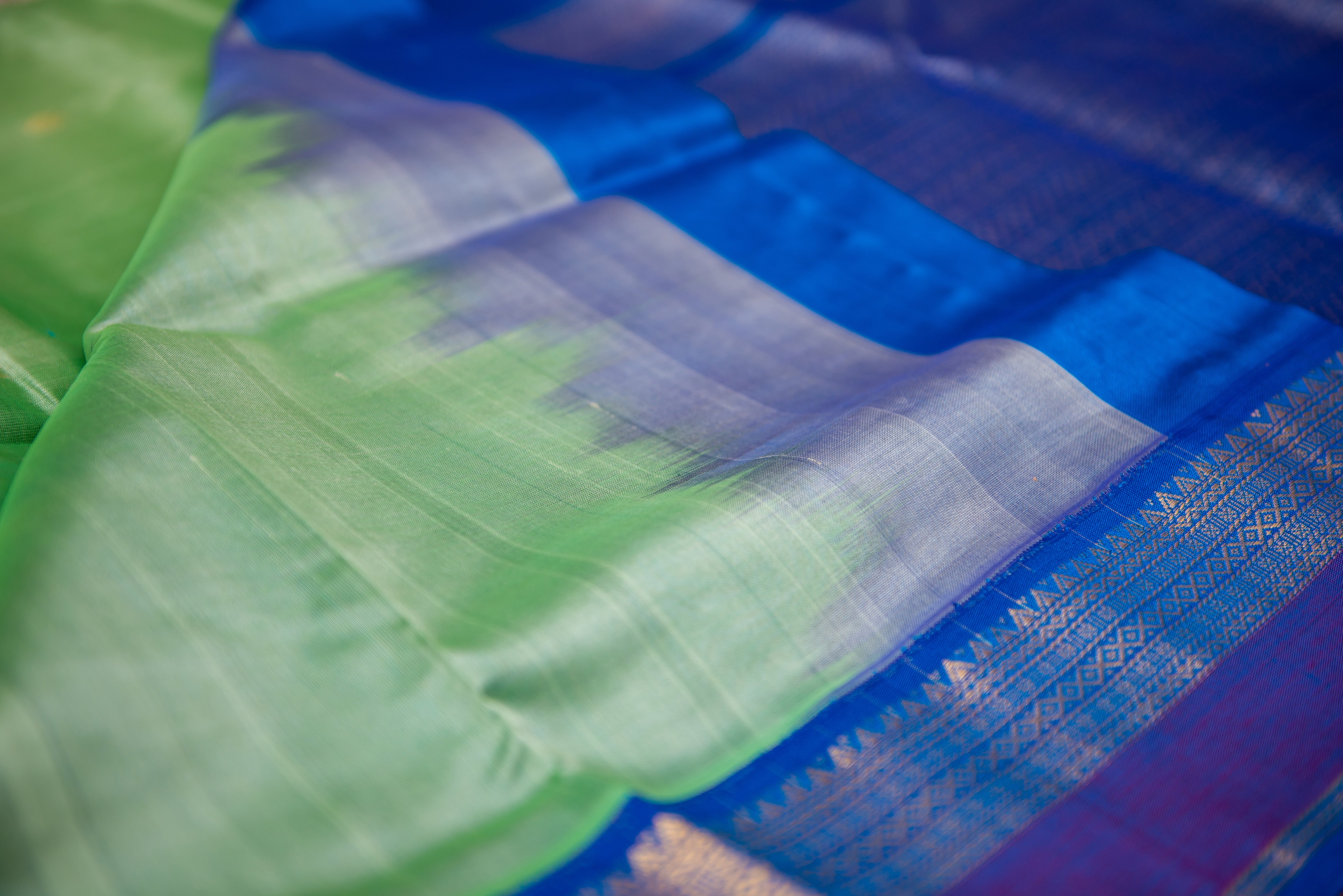 Parrot Green Silk Cotton Saree with Rich Blue/Maroon Border