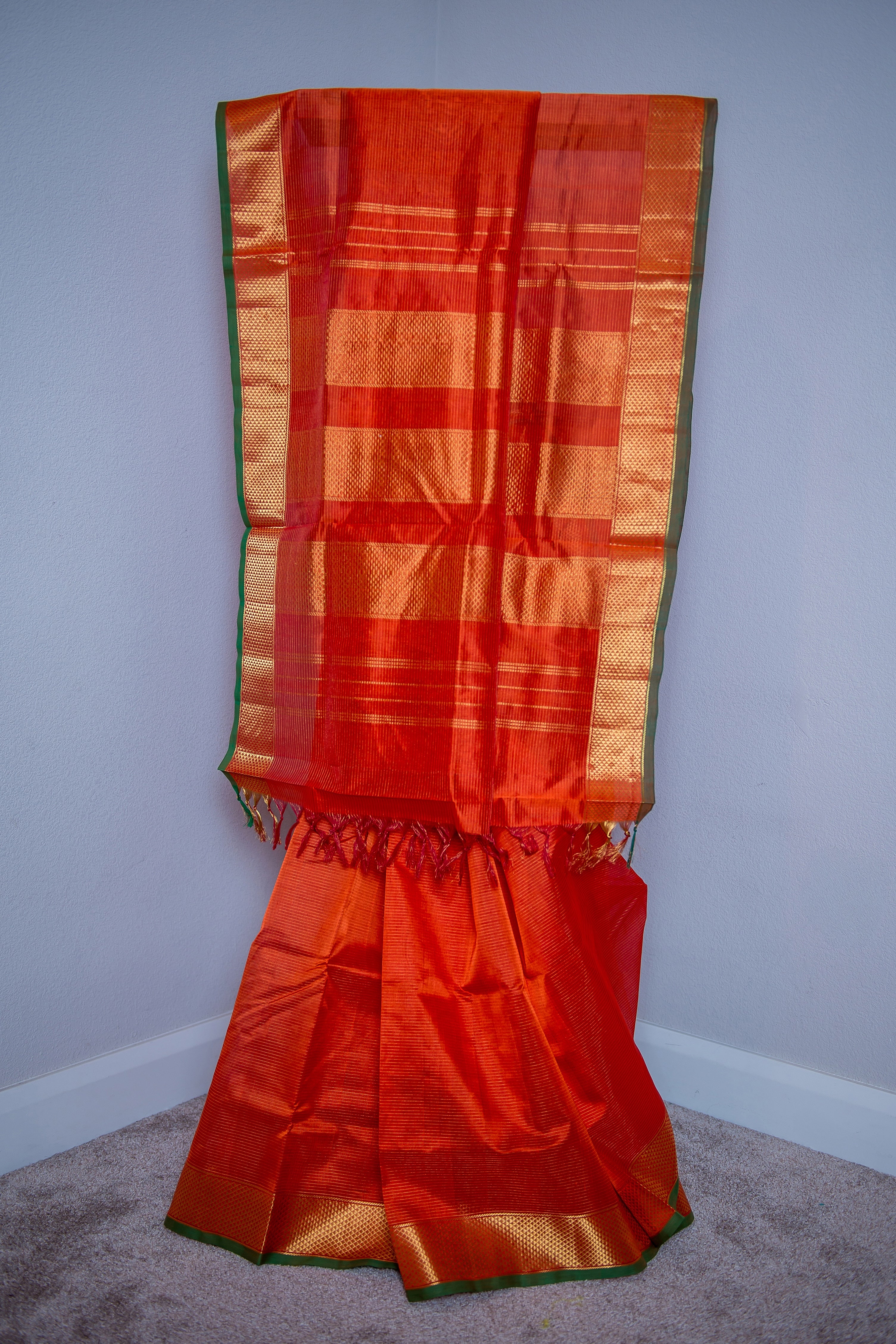 Silk Cotton Orange saree with Half Diamond Border