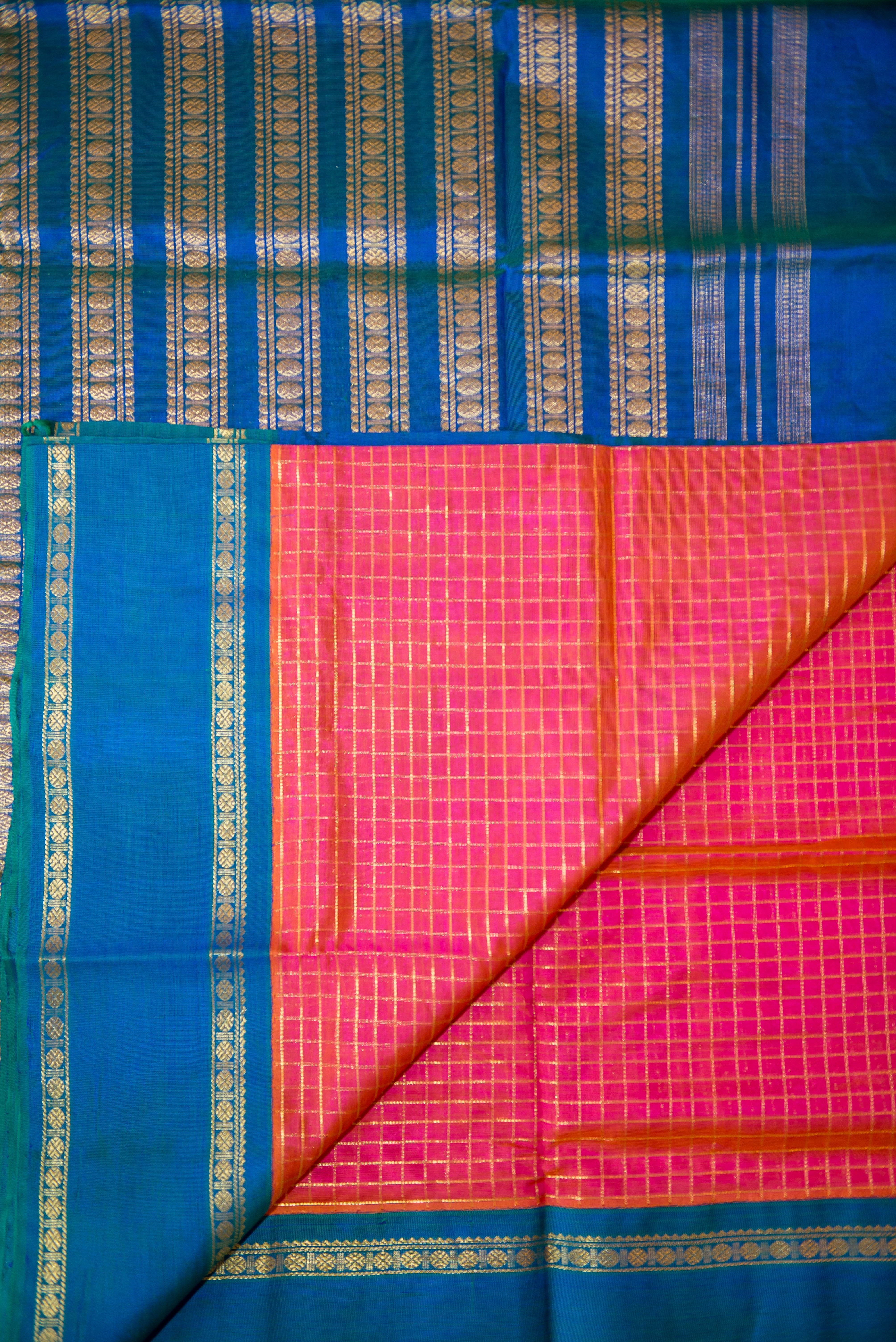 Double-Shaded, Pure Zari Pink Silk Cotton with Contrast Blue Border