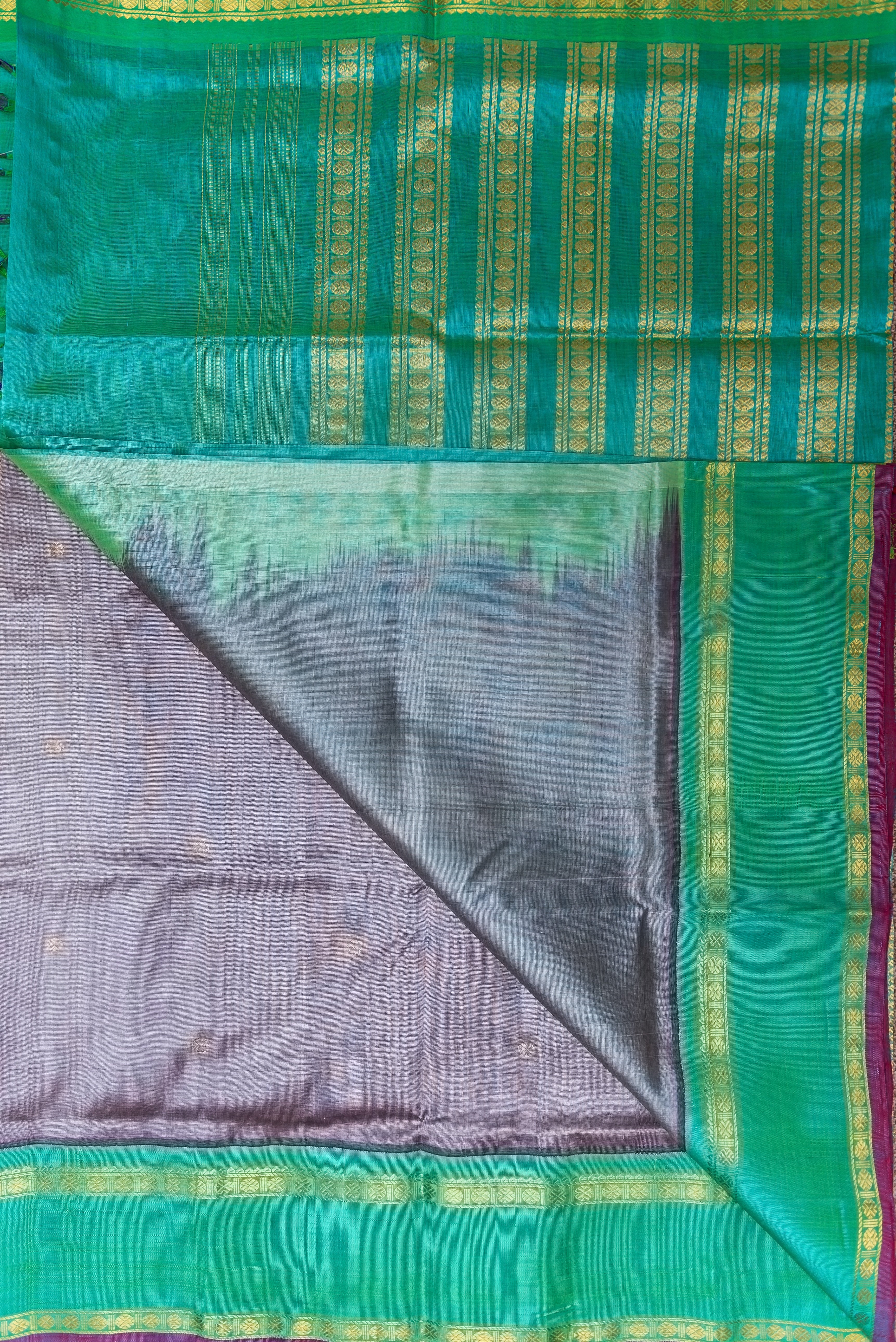 Grey Pure Zari Silk Cotton with Contrast Emerald Green Border