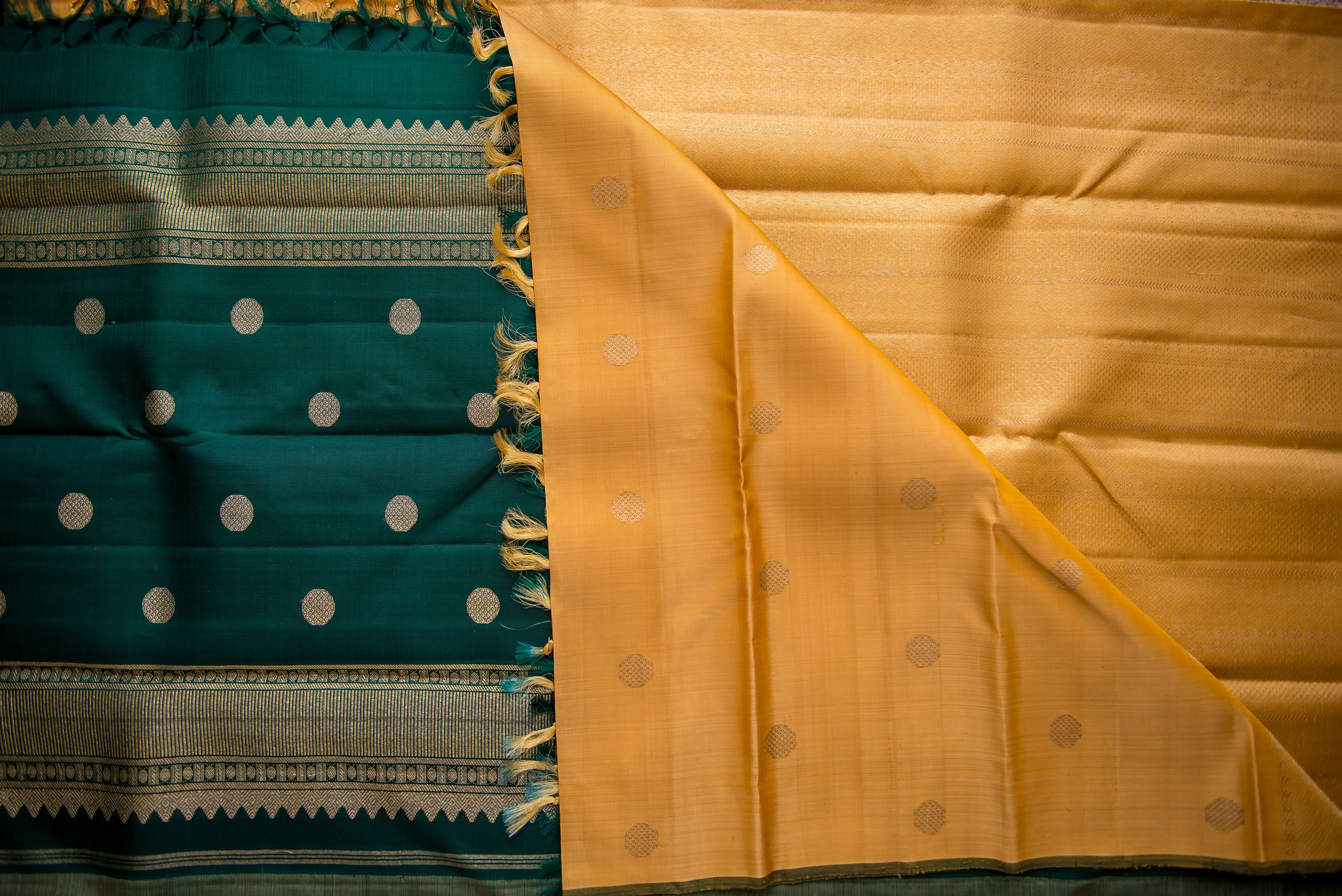 Golden-Yellow Kanchipuram Pure Silk Partly Saree with Forest Green Pallu
