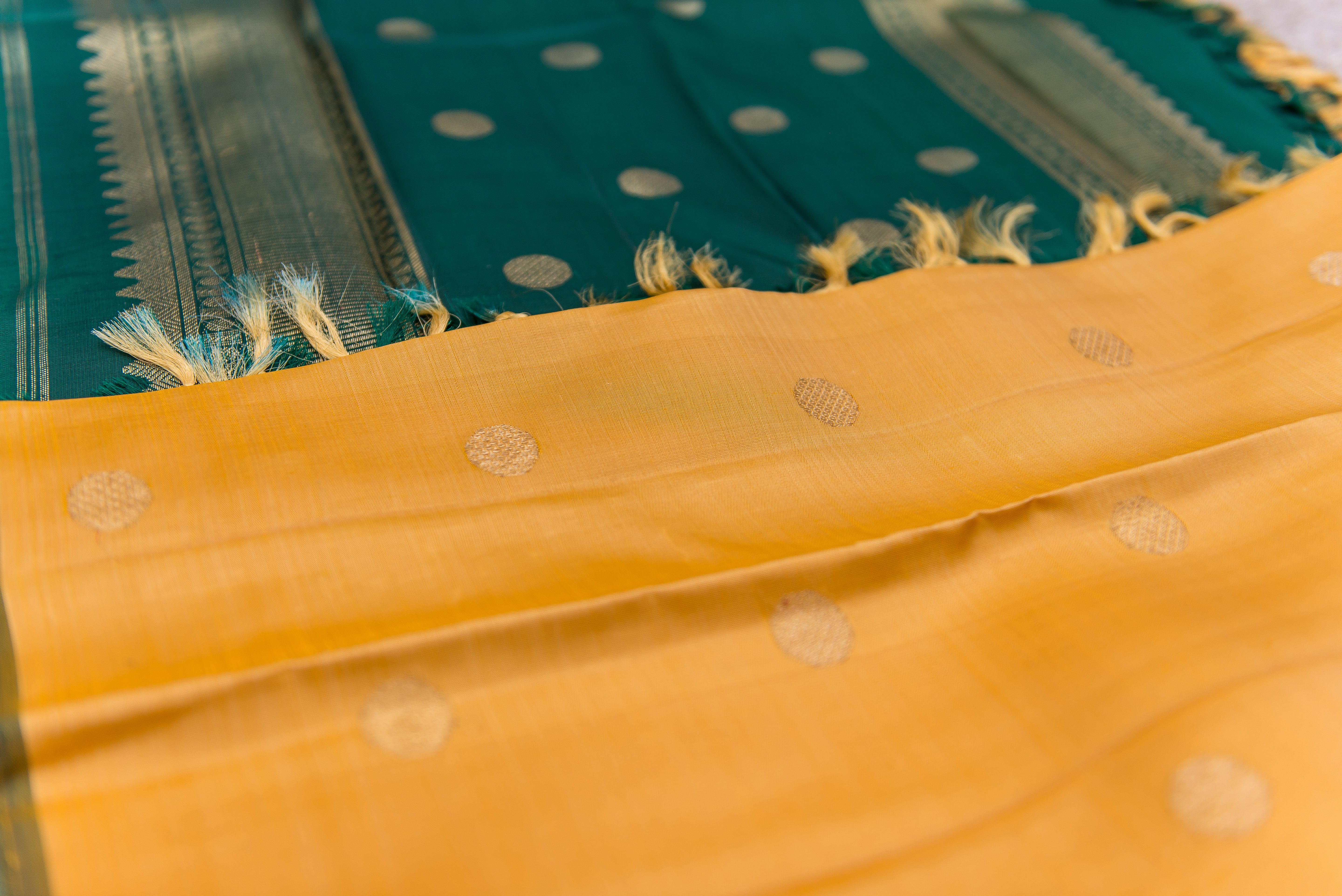Golden-Yellow Kanchipuram Pure Silk Partly Saree with Forest Green Pallu