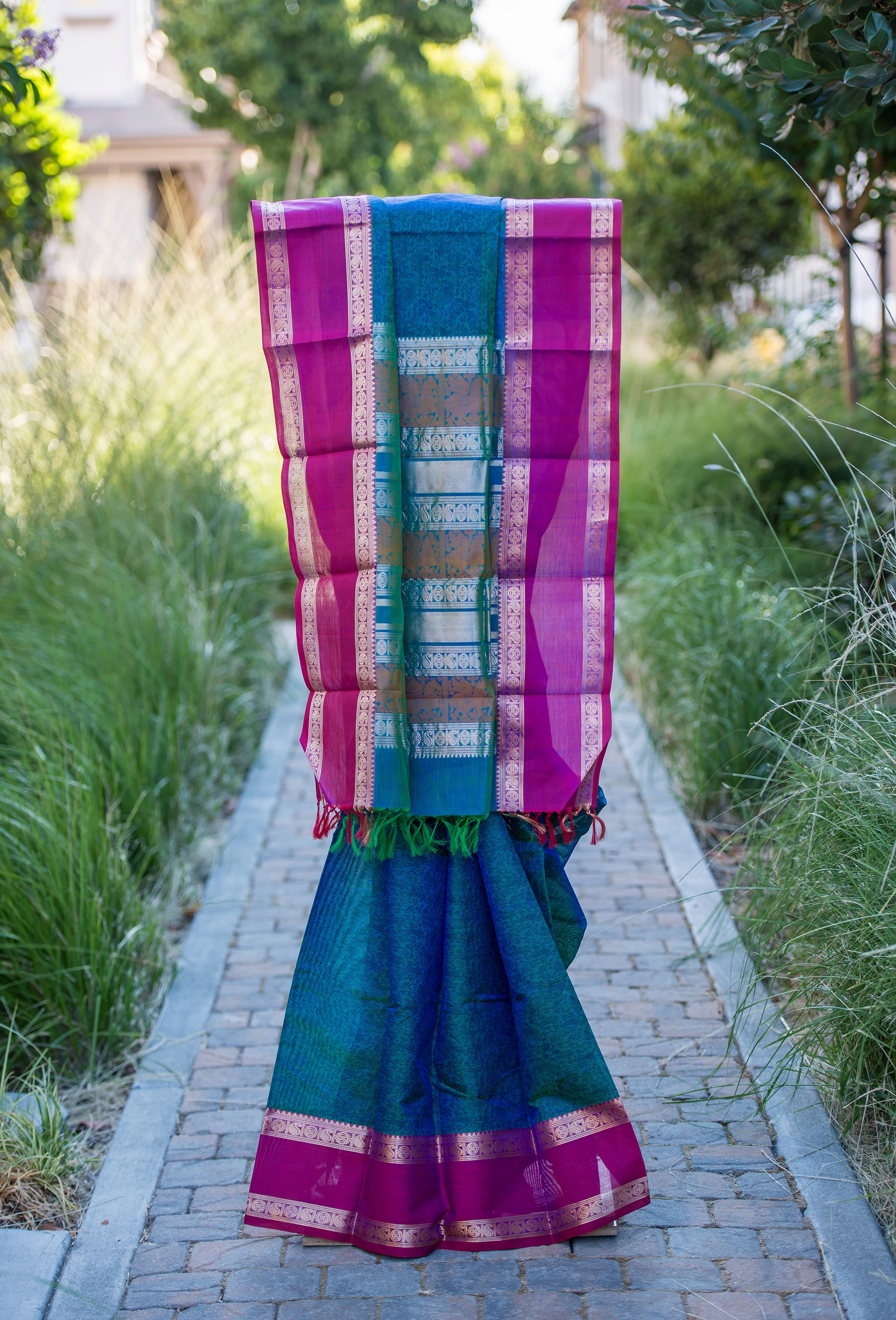 Teal Blue Jacquard Silk Saree with Magenta Pink Border