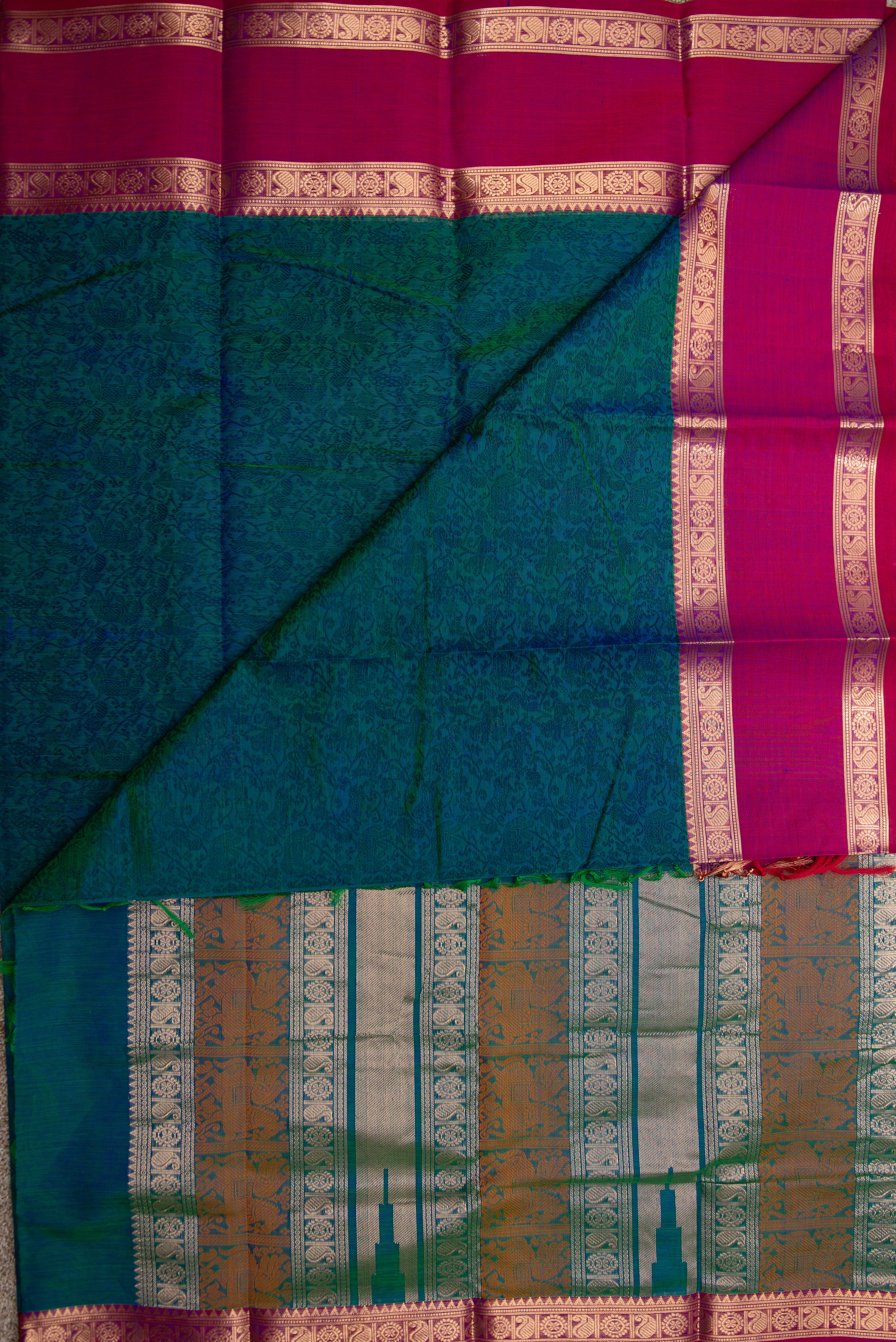 Teal Blue Jacquard Silk Saree with Magenta Pink Border