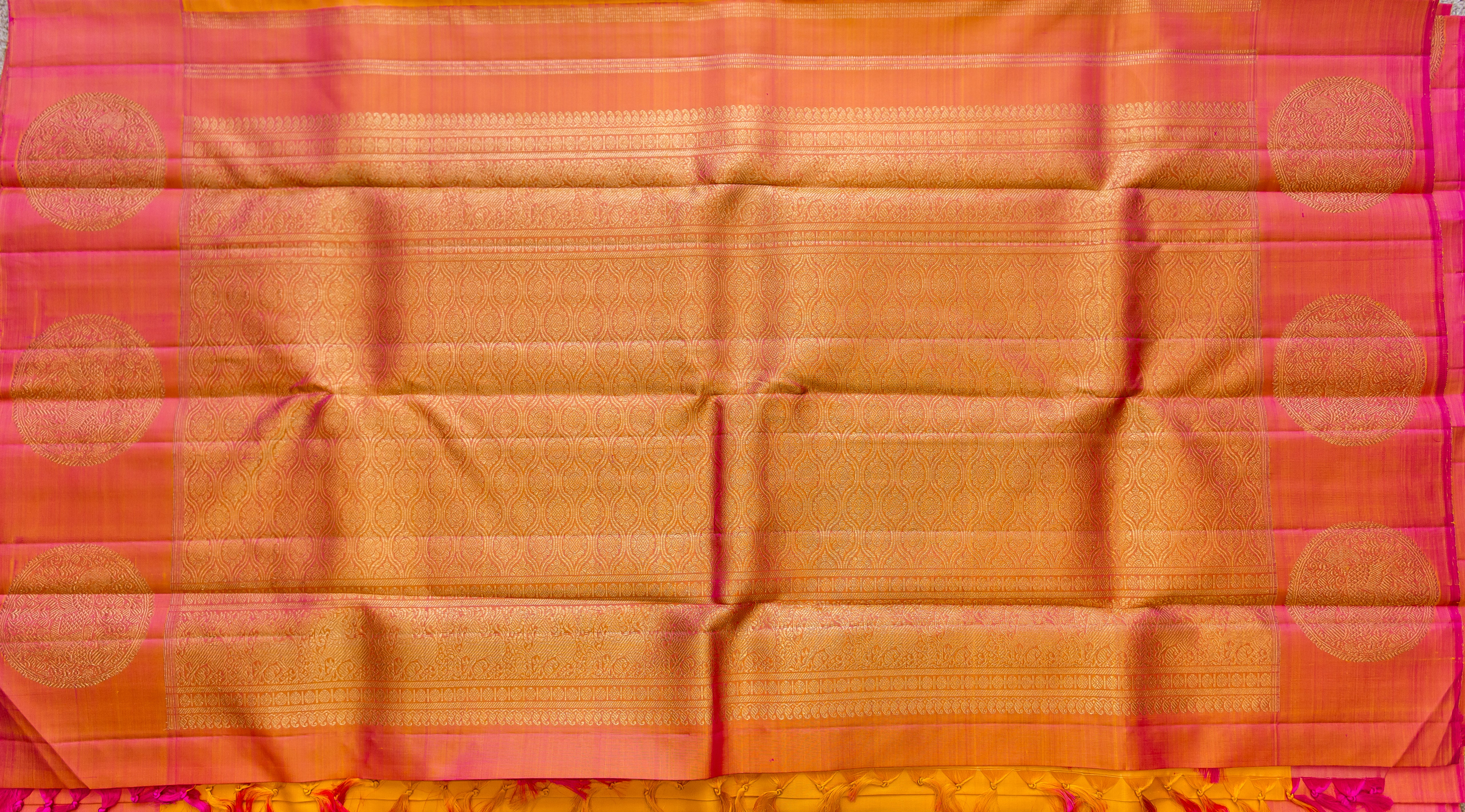 Bright Yellow and Double-Toned Pink Handwoven Silk Saree