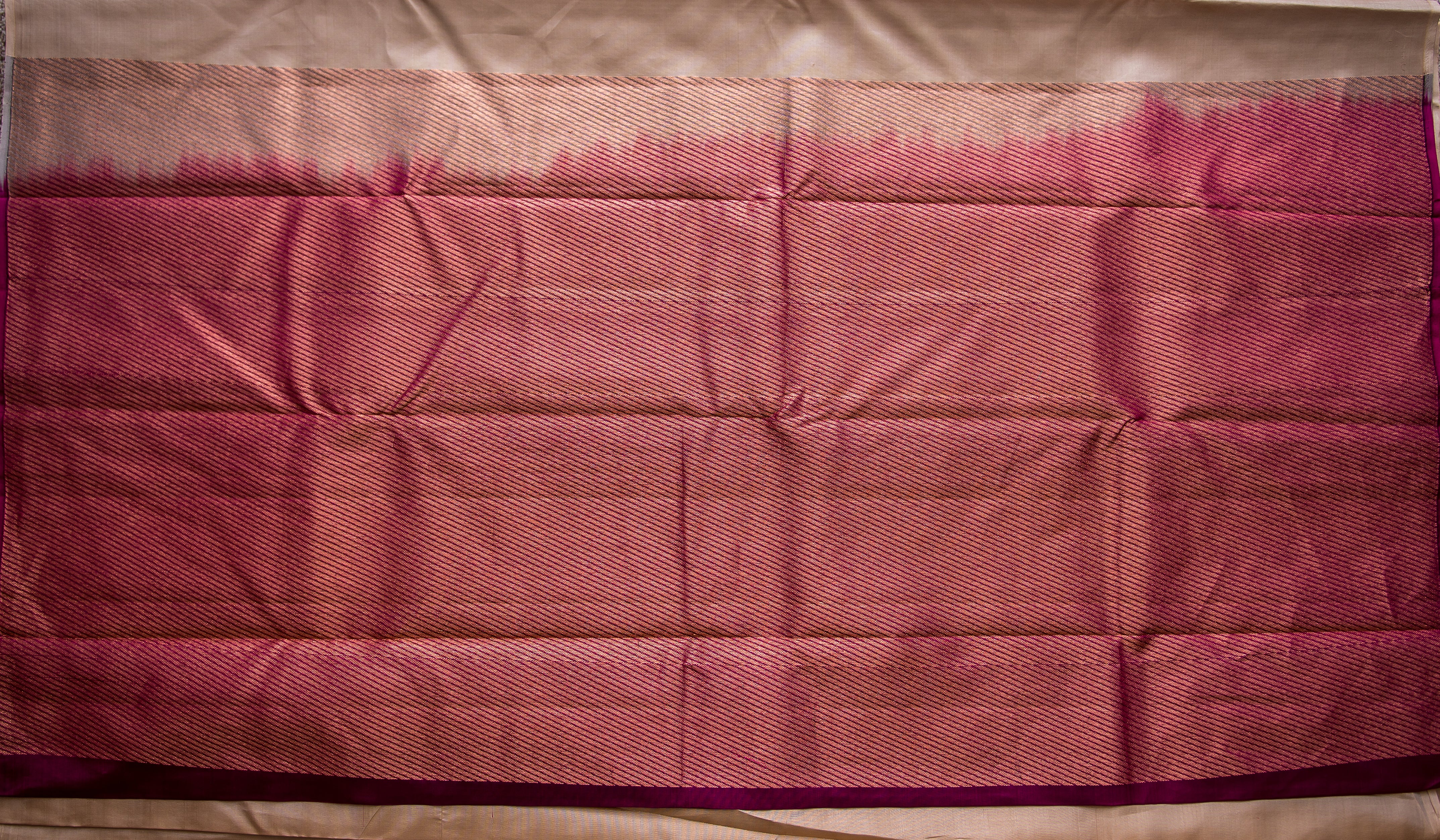 Beige-Gold Kanchipuram Handwoven Silk Saree with Maroon-Pink Pallu
