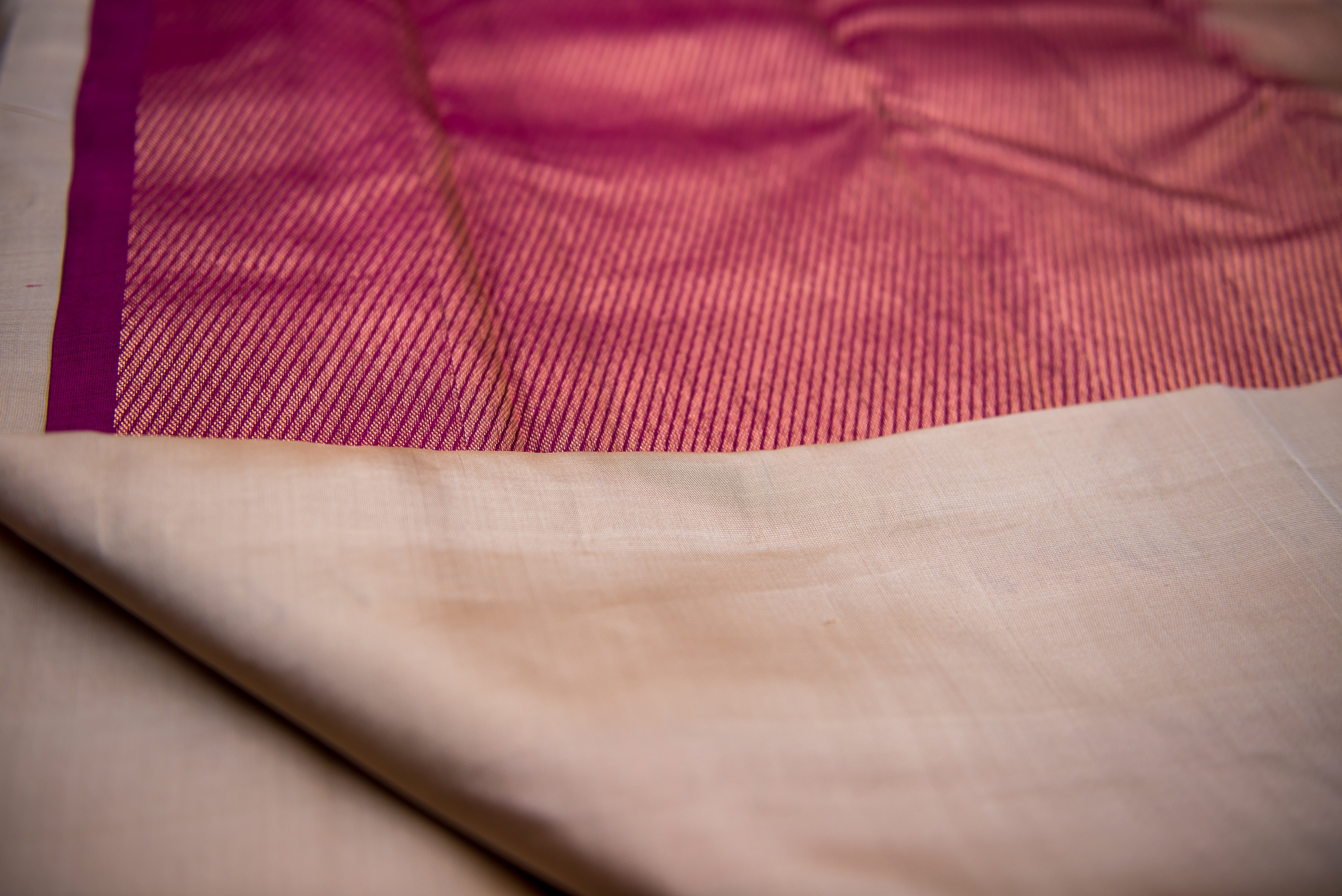 Beige-Gold Kanchipuram Handwoven Silk Saree with Maroon-Pink Pallu