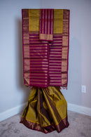 Olive Green and Maroon Handwoven Pure Kanchipuram Silk Saree