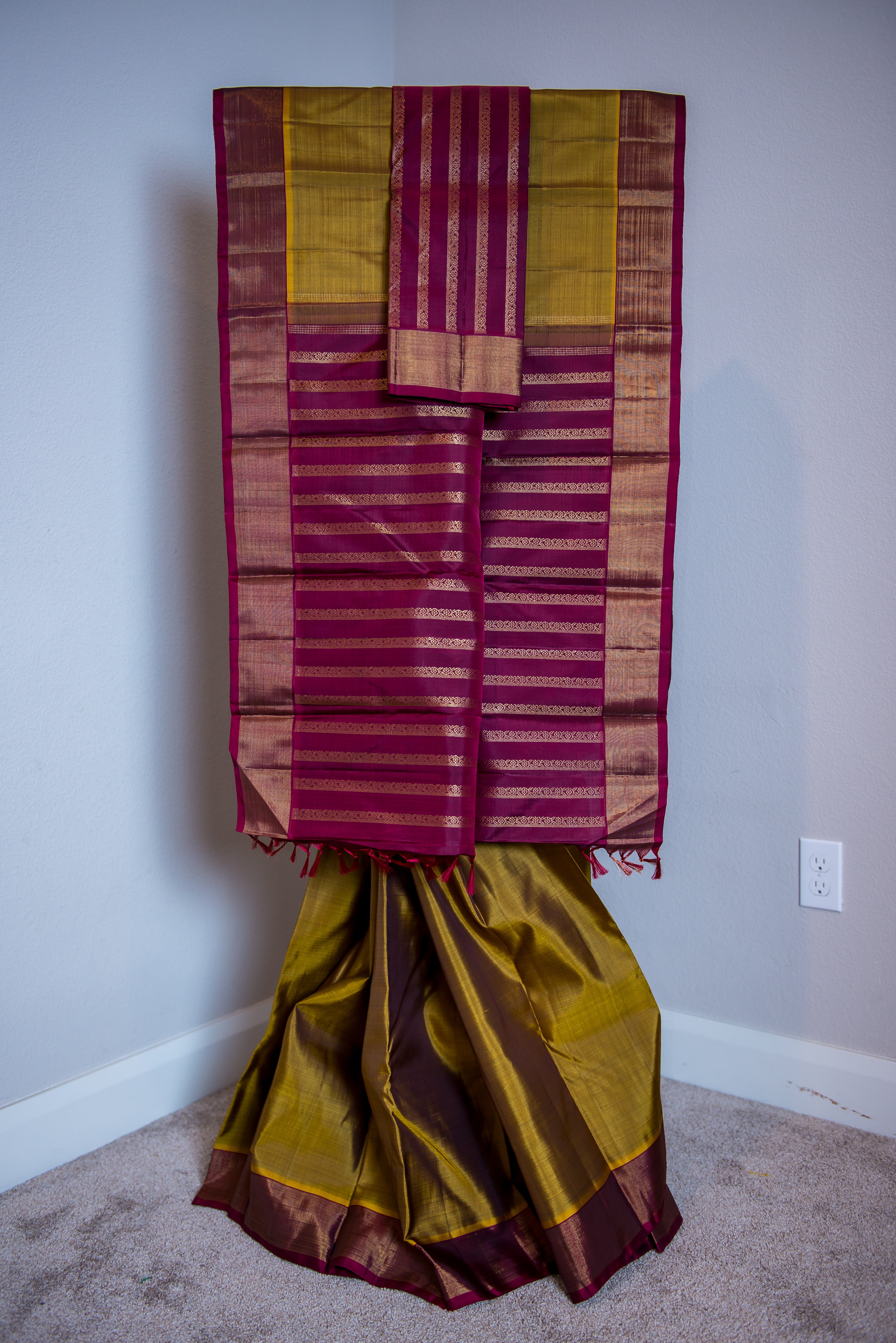 Olive Green and Maroon Handwoven Pure Kanchipuram Silk Saree