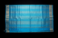 Elegant Cream and Aqua Blue Blockprint Handwoven Silk Cotton Saree