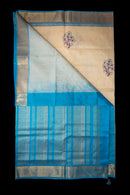 Elegant Cream and Aqua Blue Blockprint Handwoven Silk Cotton Saree