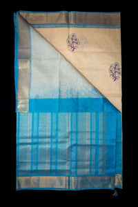 Elegant Cream and Aqua Blue Blockprint Handwoven Silk Cotton Saree
