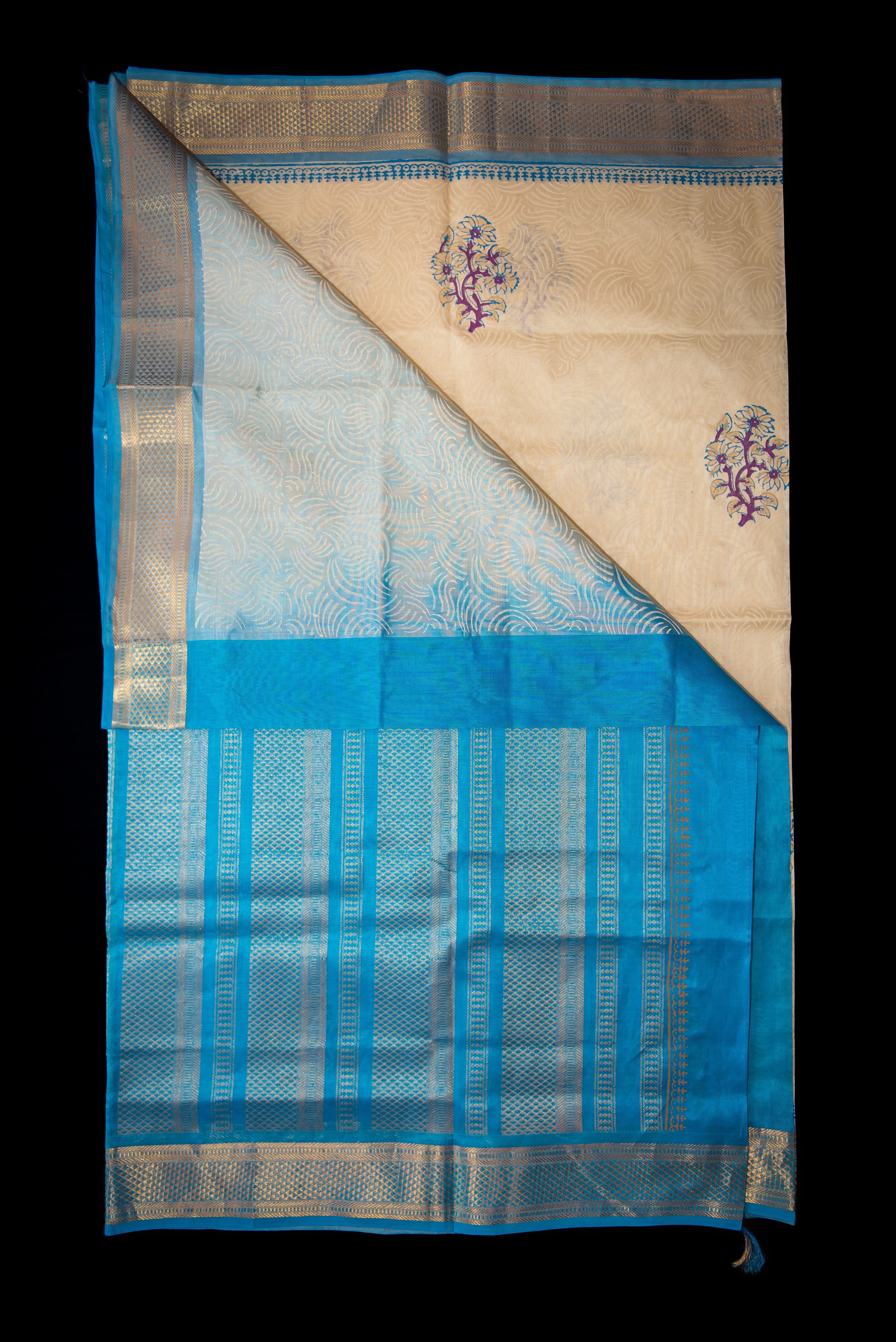 Elegant Cream and Aqua Blue Blockprint Handwoven Silk Cotton Saree