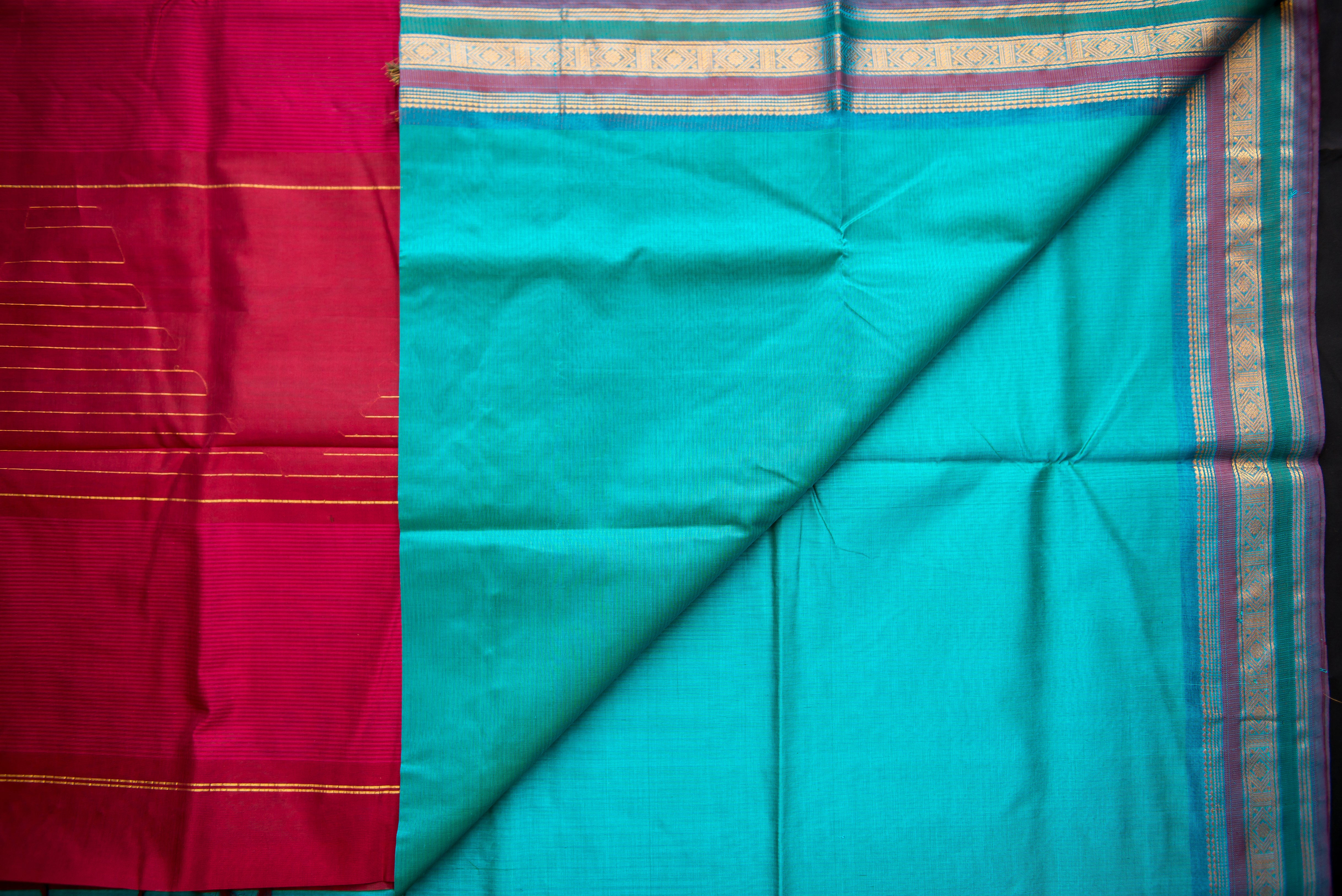 Vibrant Maroon and Teal Handwoven Silk Cotton Saree