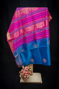MS Blue Blockprint Silk Cotton Saree With Hot Pink Pallu