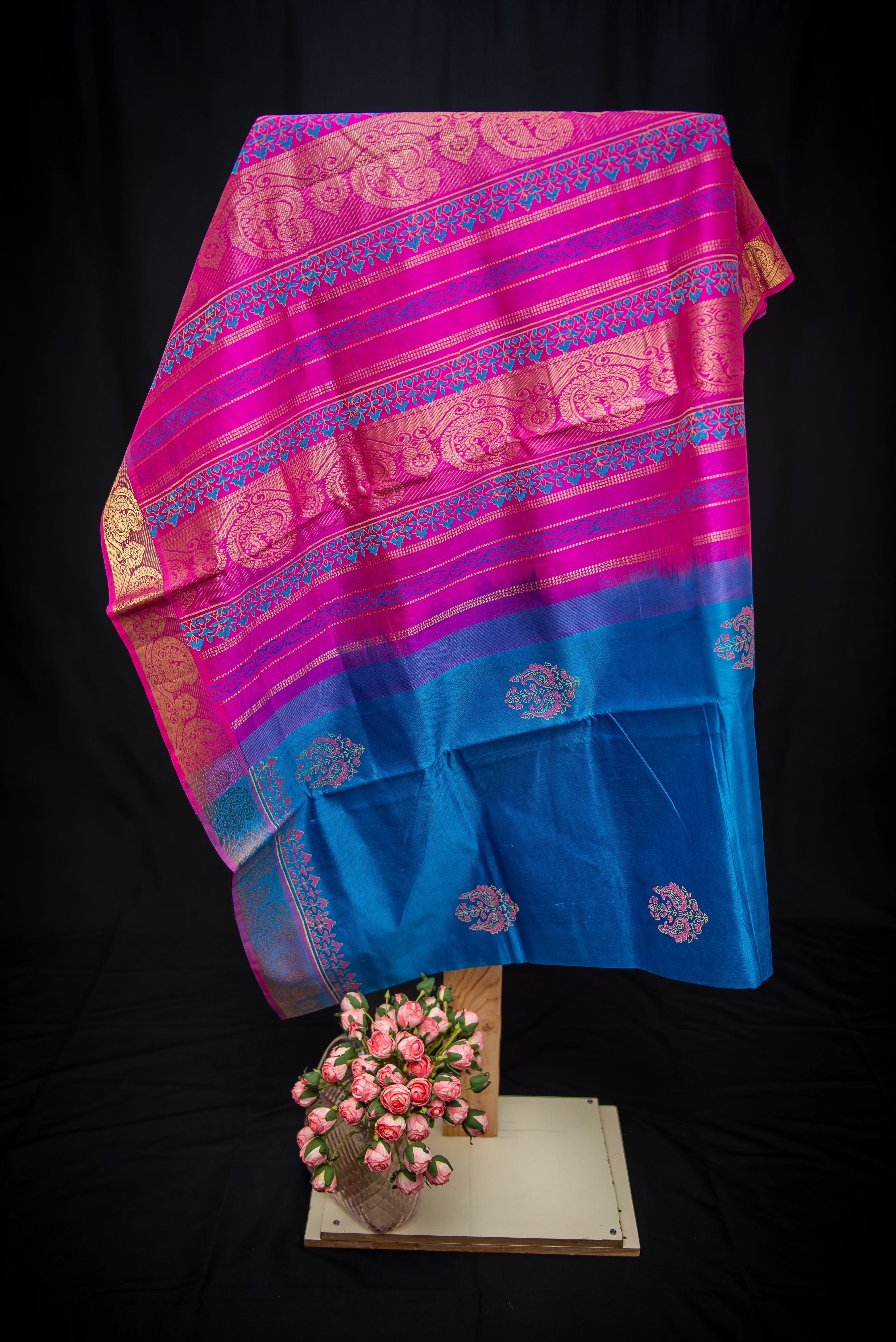 MS Blue Blockprint Silk Cotton Saree With Hot Pink Pallu