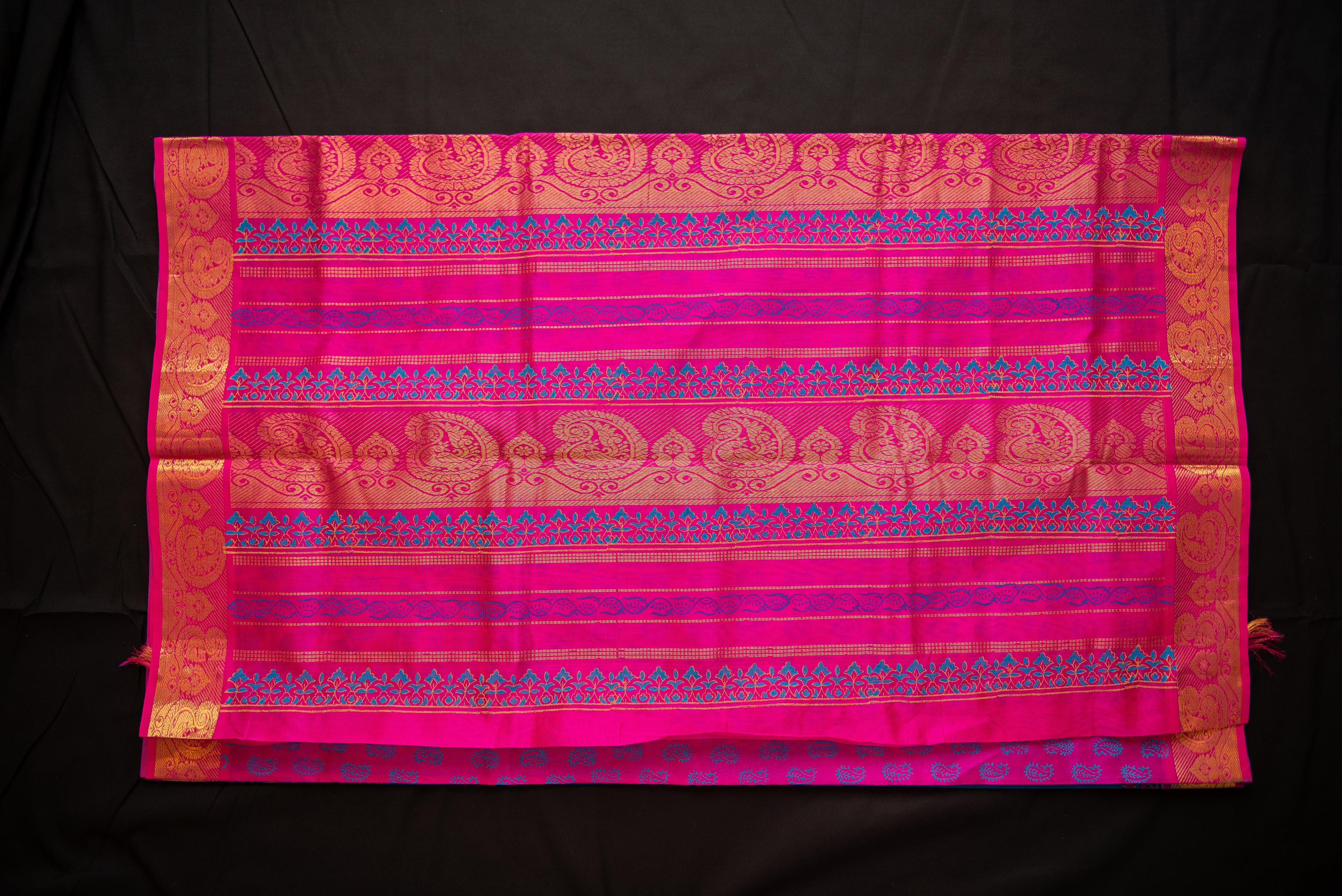 MS Blue Blockprint Silk Cotton Saree With Hot Pink Pallu