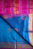 MS Blue Blockprint Silk Cotton Saree With Hot Pink Pallu