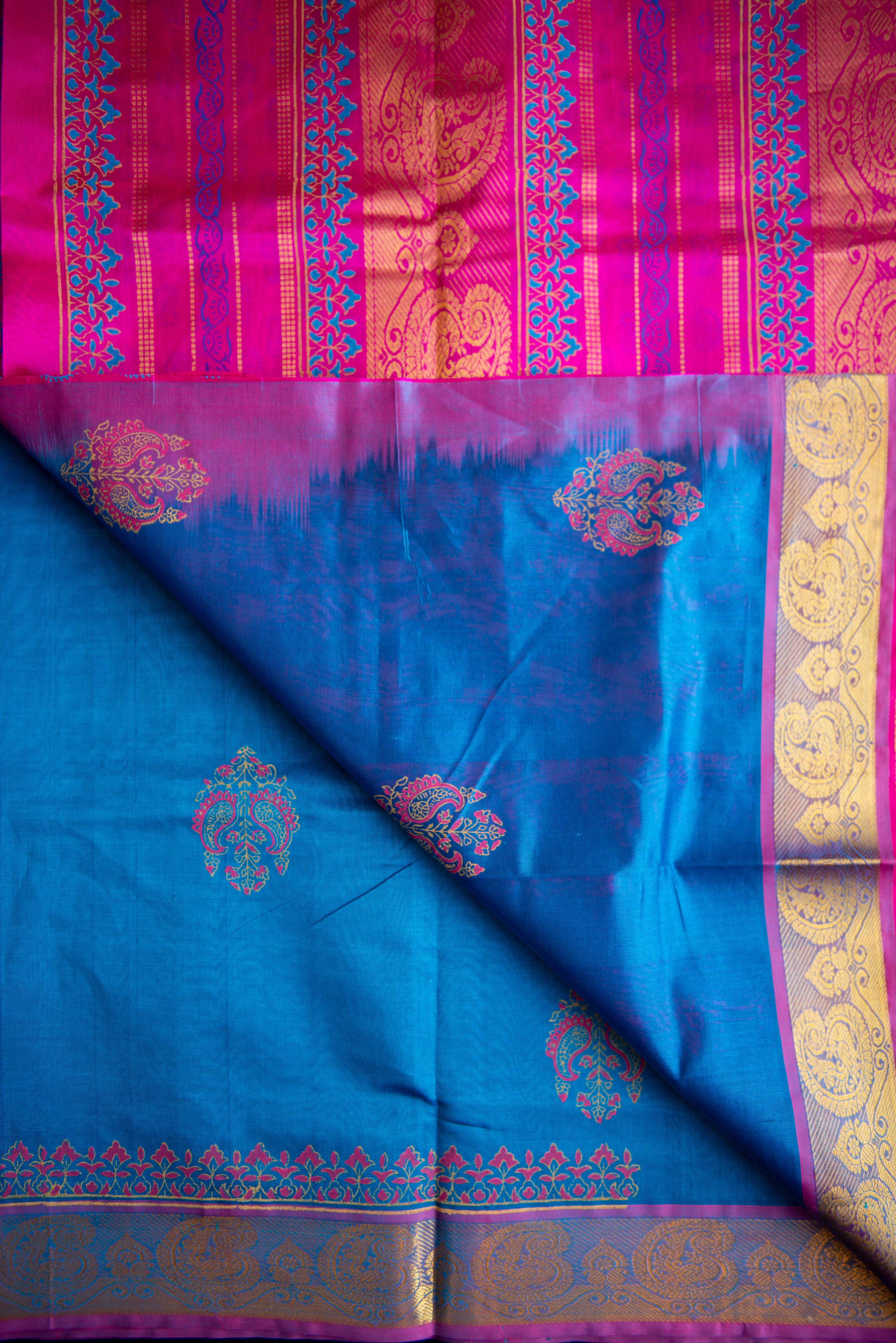 MS Blue Blockprint Silk Cotton Saree With Hot Pink Pallu