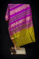 Bright Olive Green Handwoven Silk Cotton Saree with Magenta Pallu
