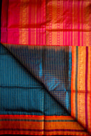 Peacock Blue Handwoven Silk Cotton Saree with Pink Pallu
