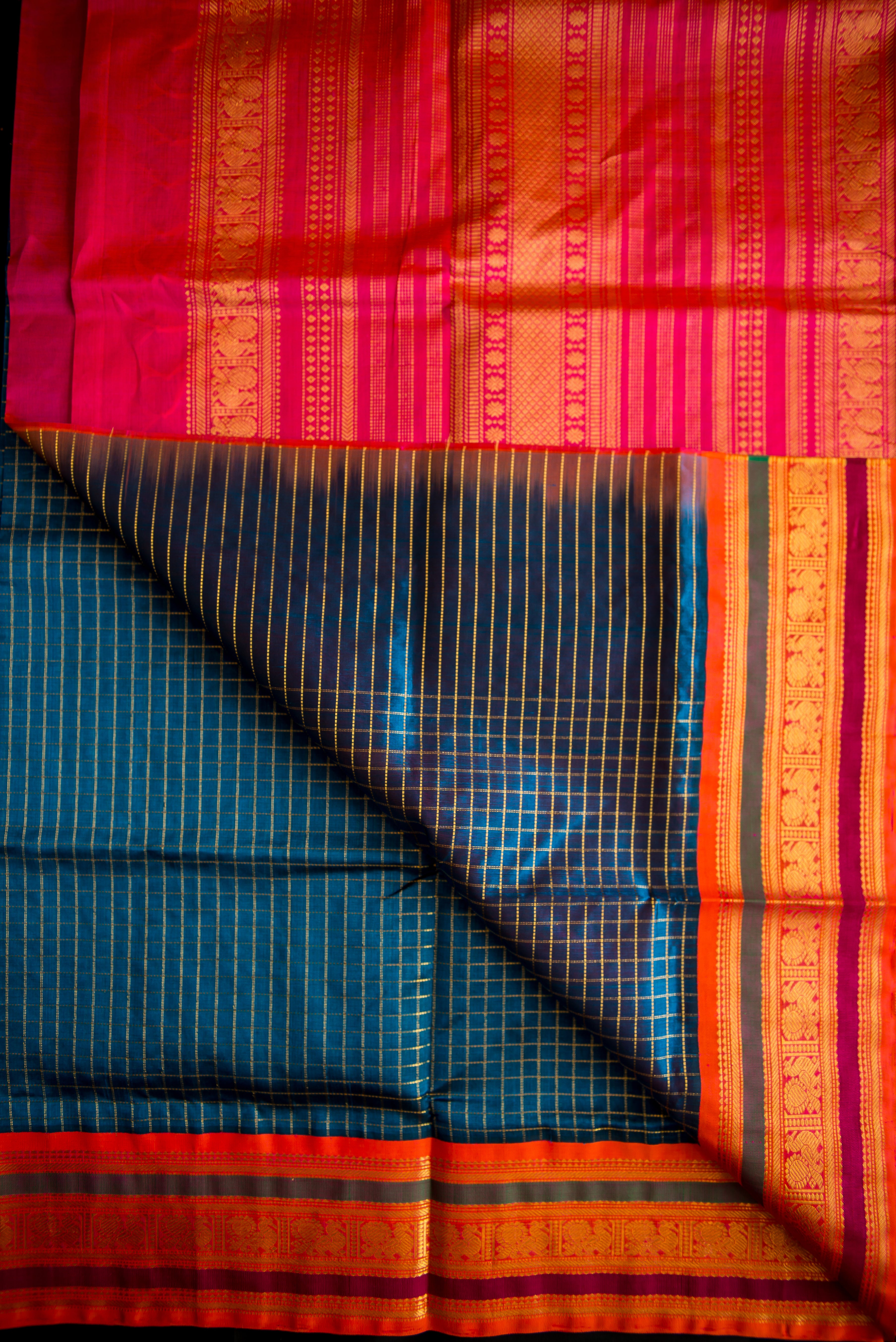 Peacock Blue Handwoven Silk Cotton Saree with Pink Pallu