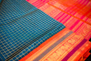 Peacock Blue Handwoven Silk Cotton Saree with Pink Pallu