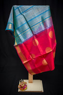 Vibrant Red and Aqua Blue Handwoven Silk Cotton Saree