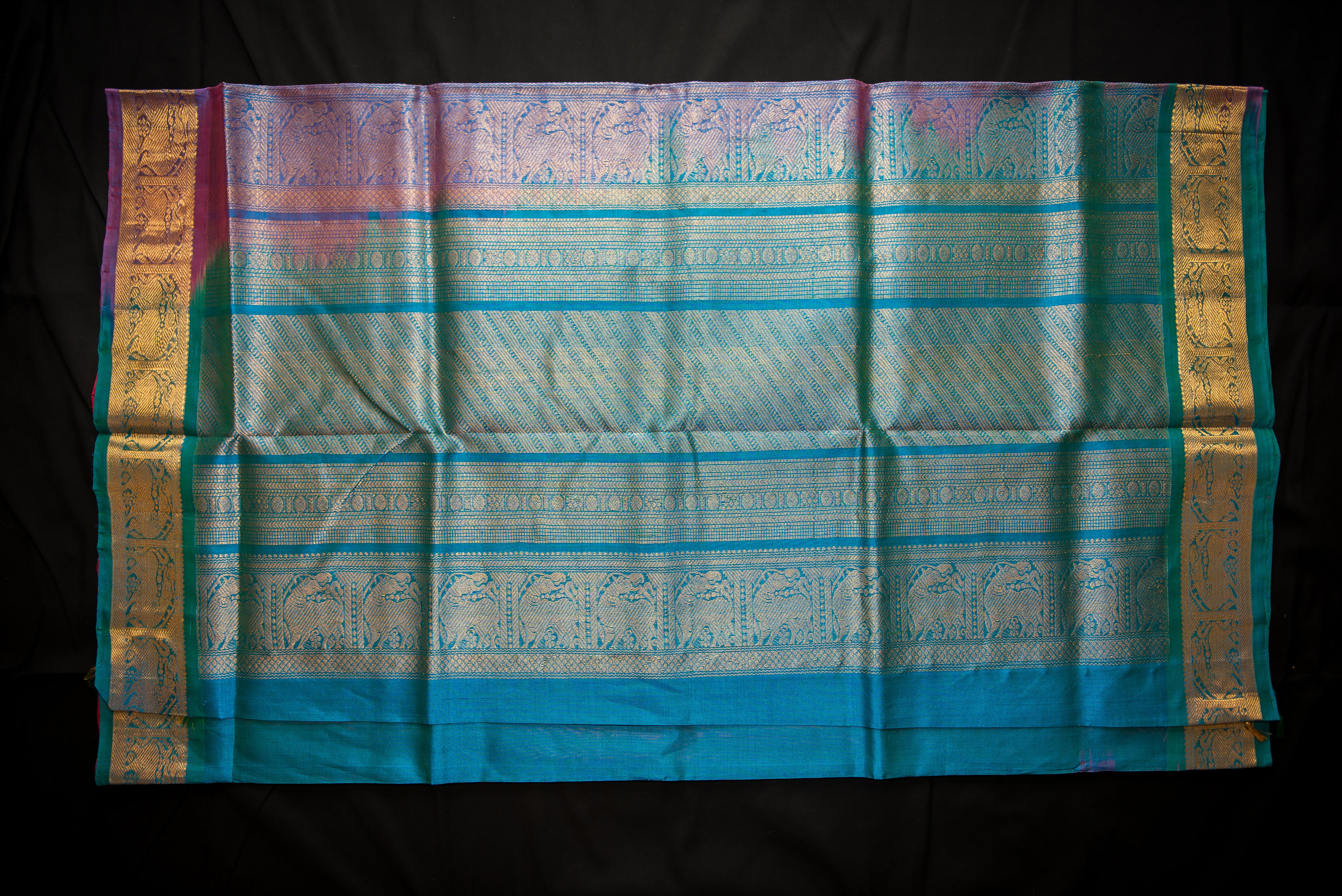 Vibrant Red and Aqua Blue Handwoven Silk Cotton Saree