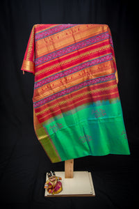 Double-Shade Green Block Print Handloom Silk Cotton Saree