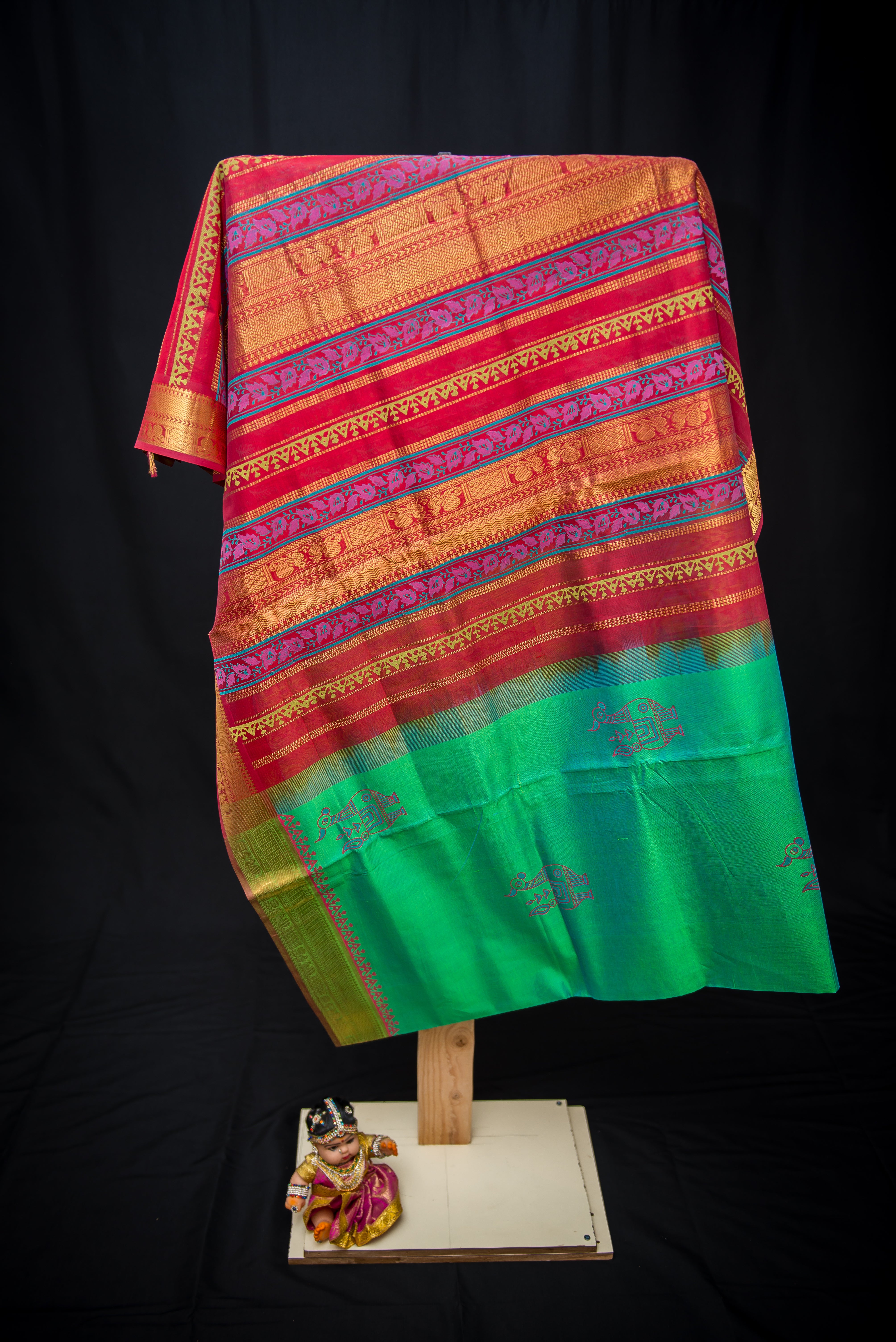 Double-Shade Green Block Print Handloom Silk Cotton Saree