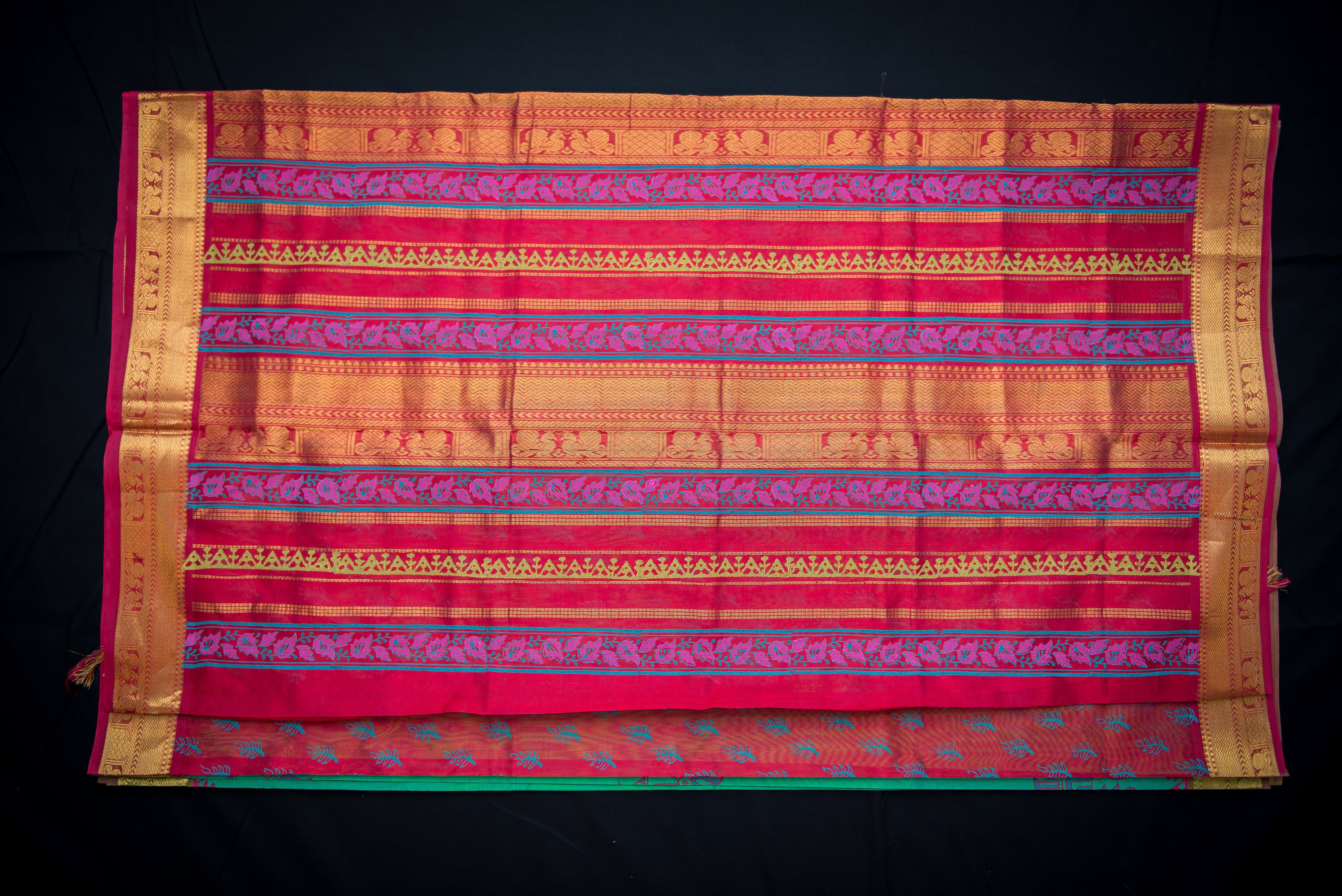 Double-Shade Green Block Print Handloom Silk Cotton Saree