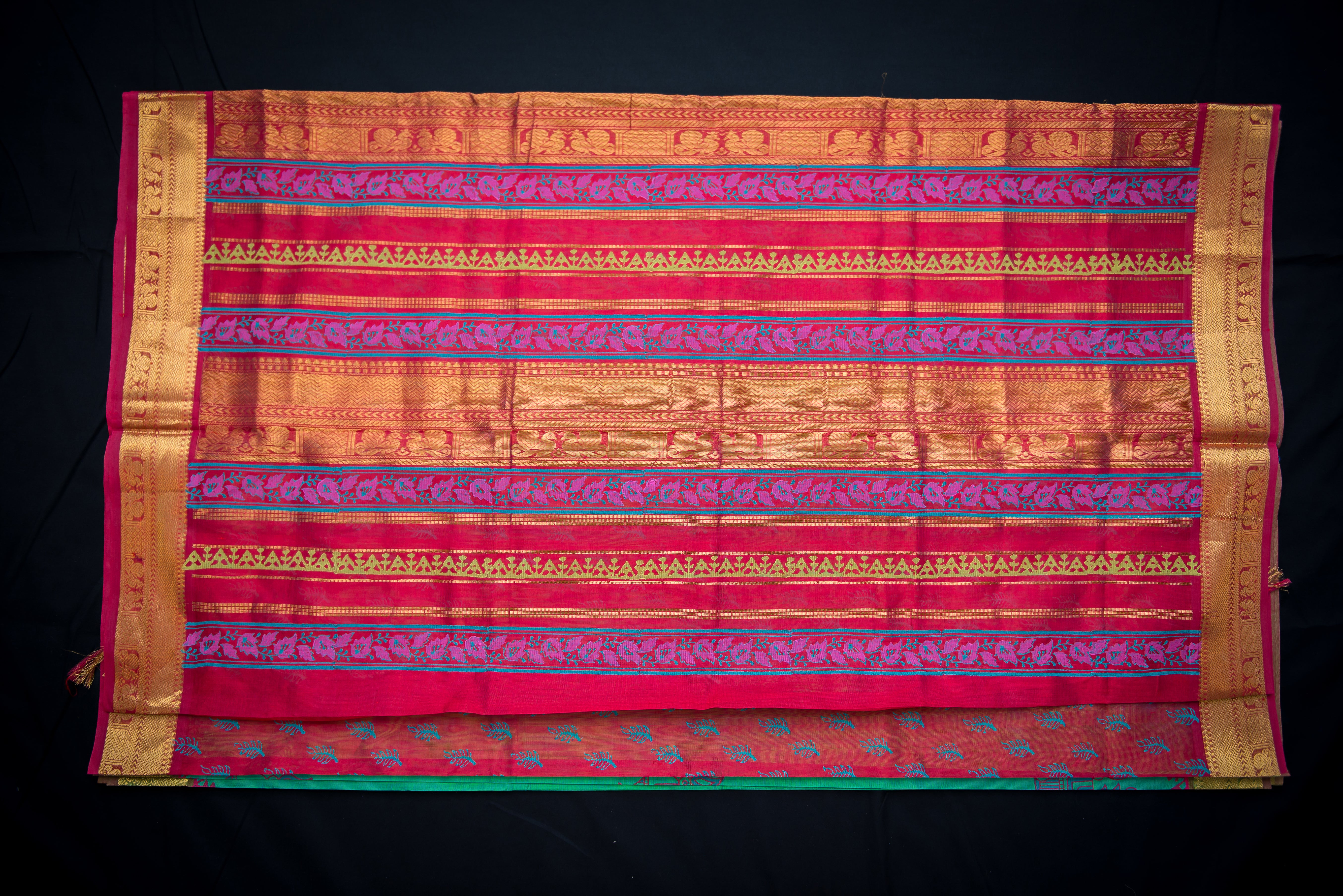 Double-Shade Green Block Print Handloom Silk Cotton Saree