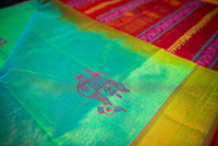 Double-Shade Green Block Print Handloom Silk Cotton Saree