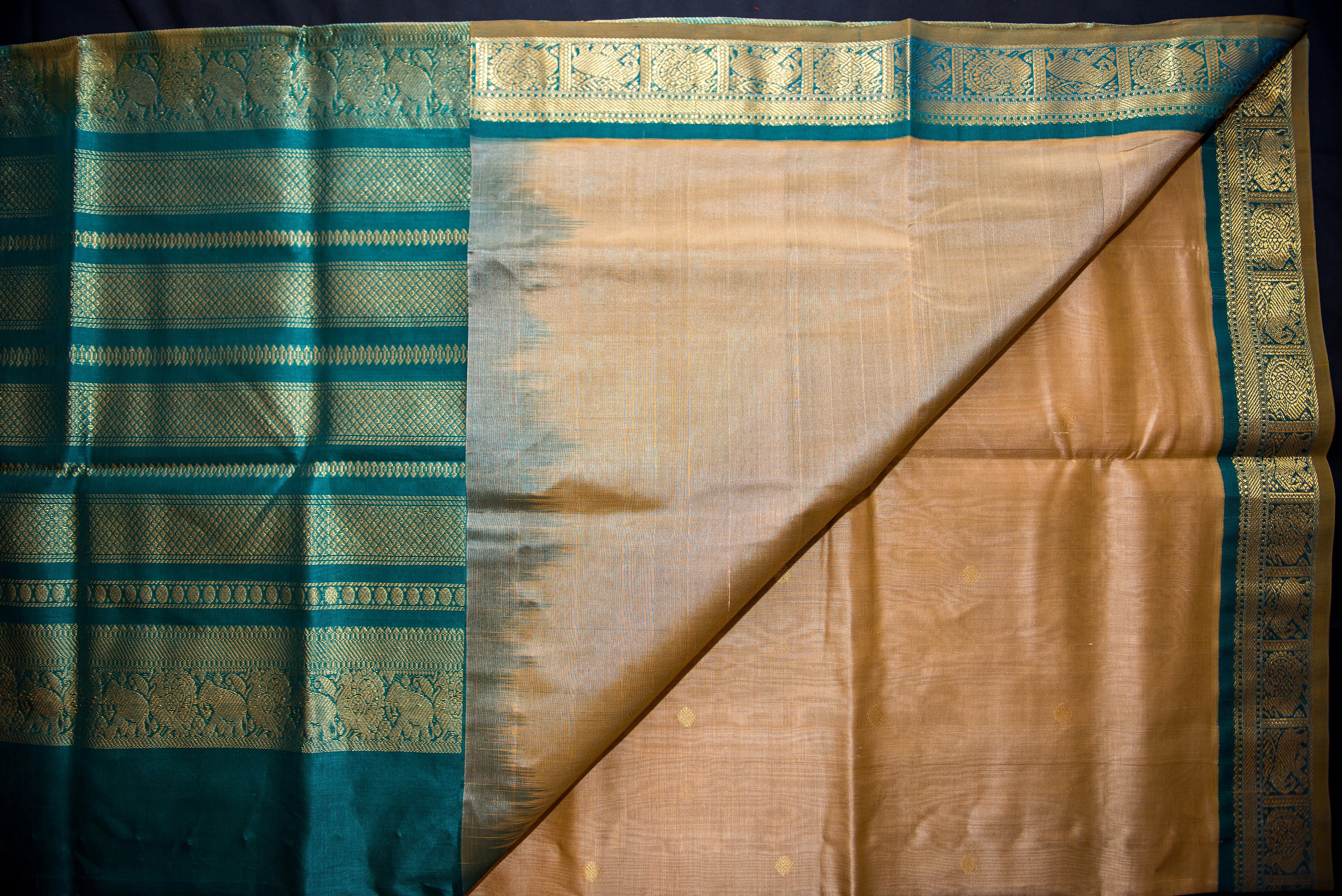 Elegant Golden-Beige and Green Silk Cotton Saree