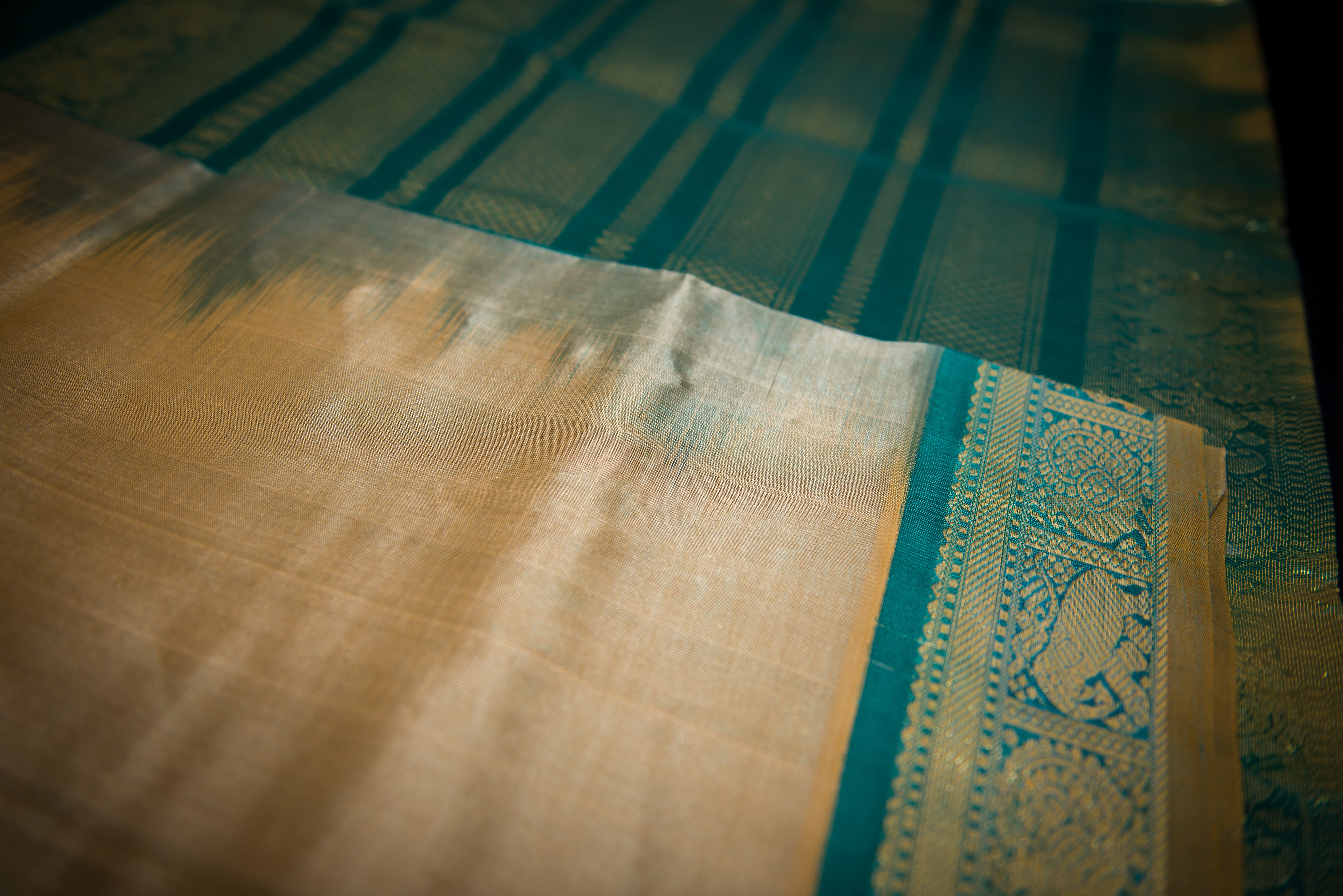 Elegant Golden-Beige and Green Silk Cotton Saree
