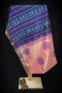 Dual-Tone Pink Blockprint Silk Cotton Saree with a Navy Blue Pallu